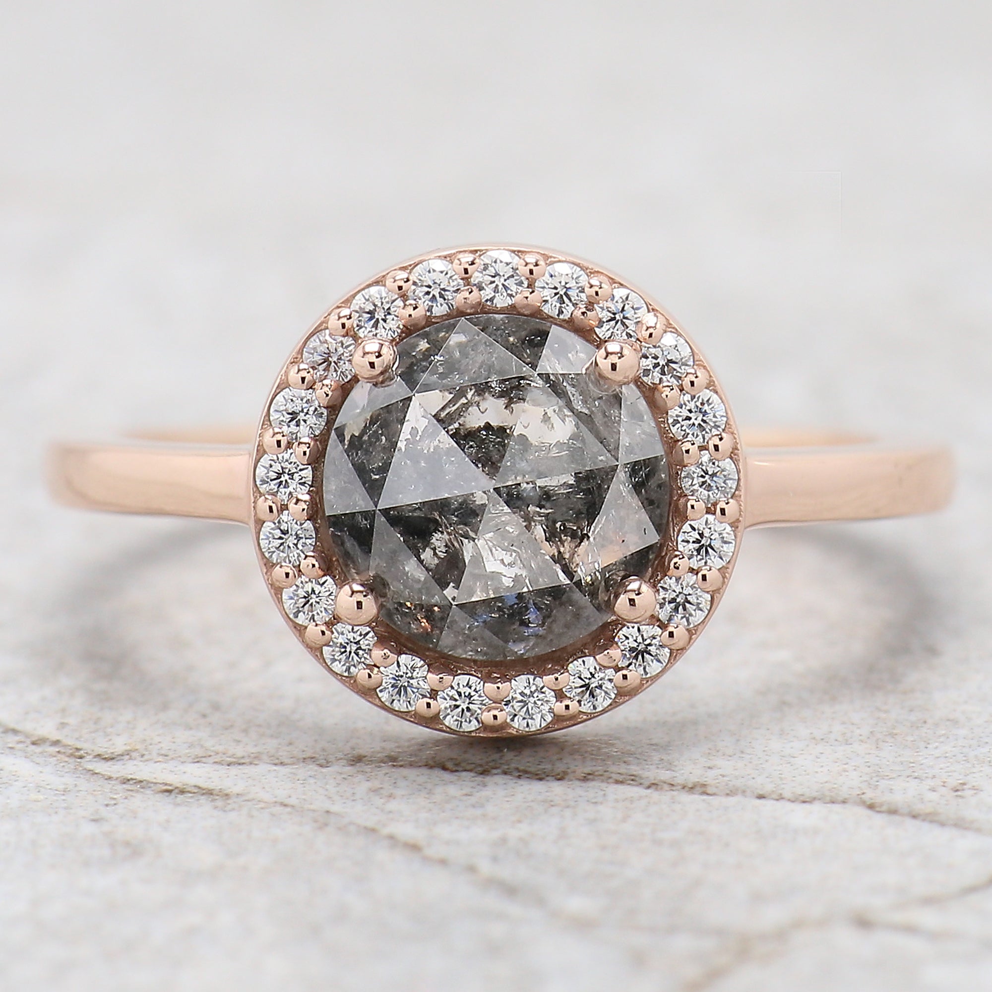 1.86 Ct Natural Round Rose Cut Salt And Pepper Diamond Ring 7.25 MM Round Diamond Ring 14K Solid Rose Gold Silver Engagement Ring QL2001