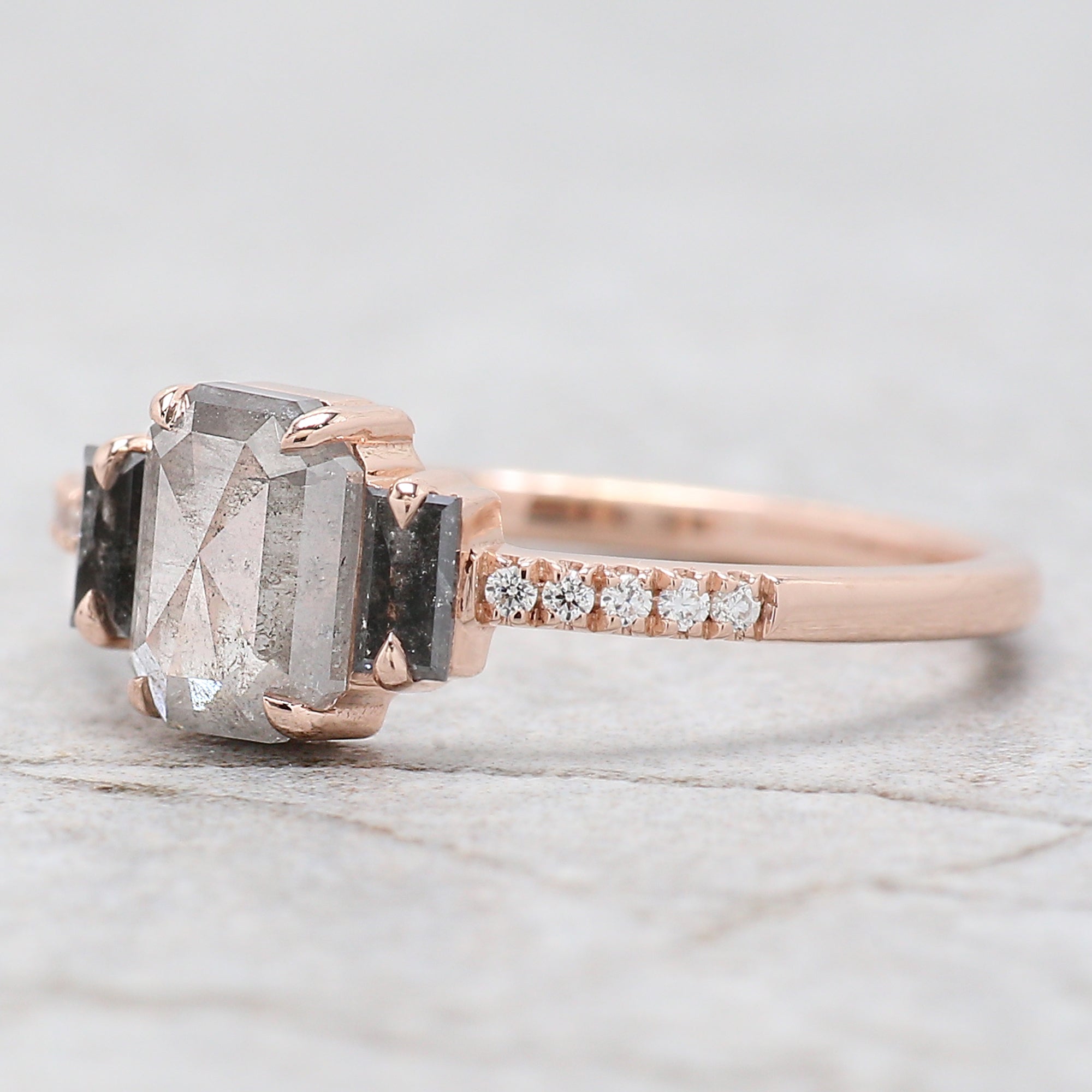 0.90 Ct Natural Emerald Shape Grey Color Diamond Ring 6.95 MM Emerald Cut Diamond Ring 14K Solid Rose Gold Silver Engagement Ring QN796
