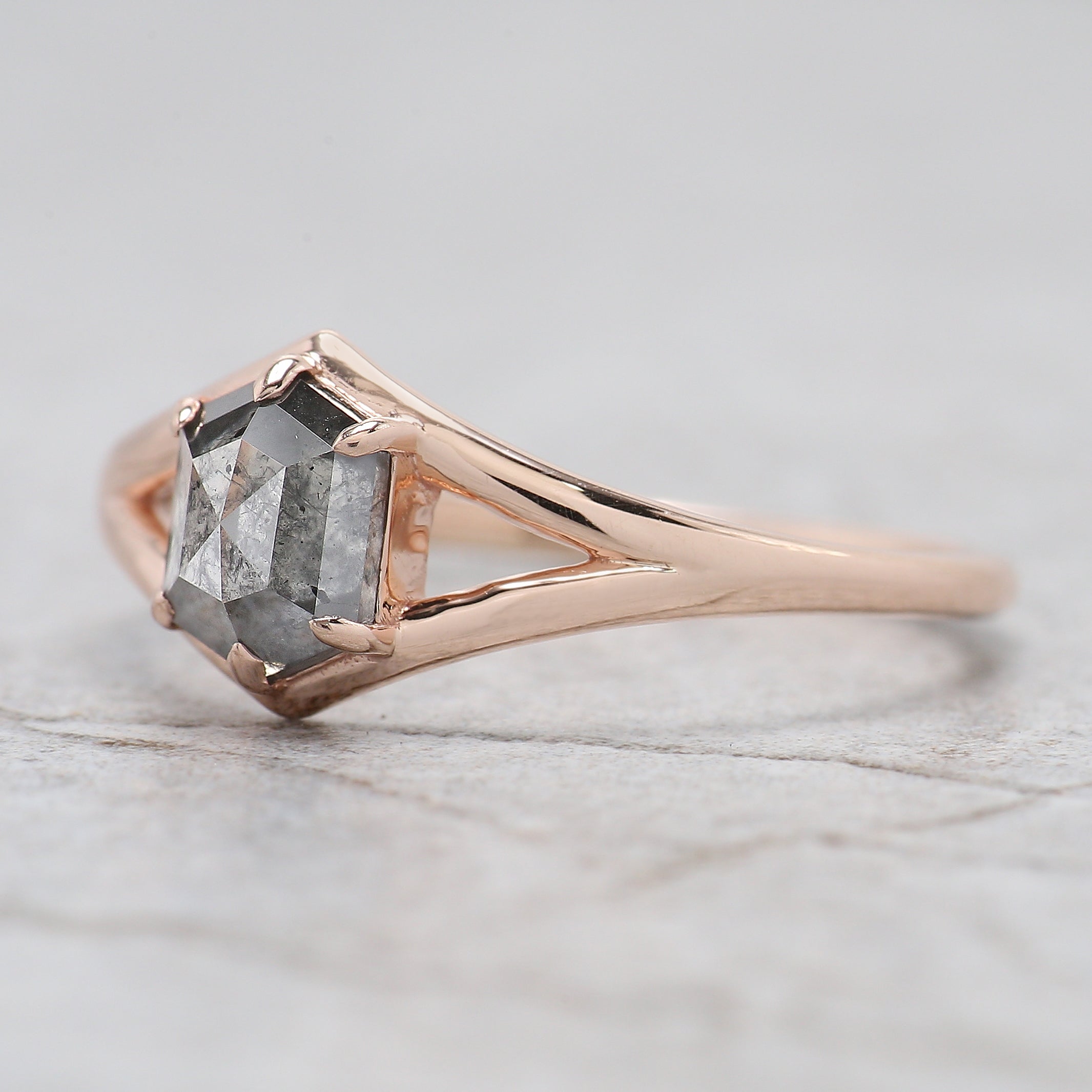 Hexagon Cut Salt And Pepper Diamond Ring 0.78 Ct 6.30 MM Hexagon Cut Diamond Ring 14K Rose Gold Silver Engagement Ring Gift For Her QL1403