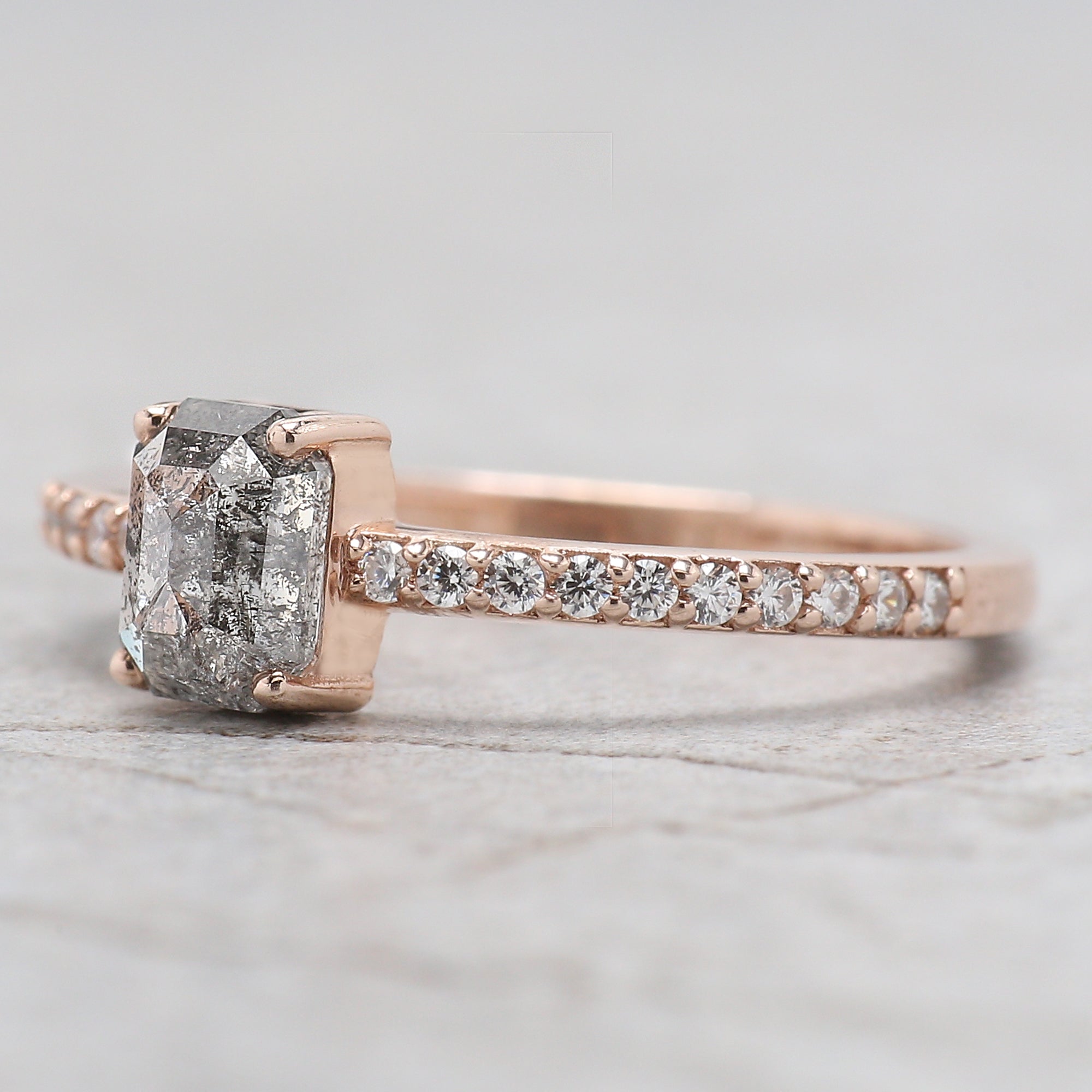 Emerald Cut Salt And Pepper Diamond Ring 0.75 Ct 5.95 MM Emerald Diamond Ring 14K Solid Rose Gold Silver Engagement Ring Gift For Her QL1100