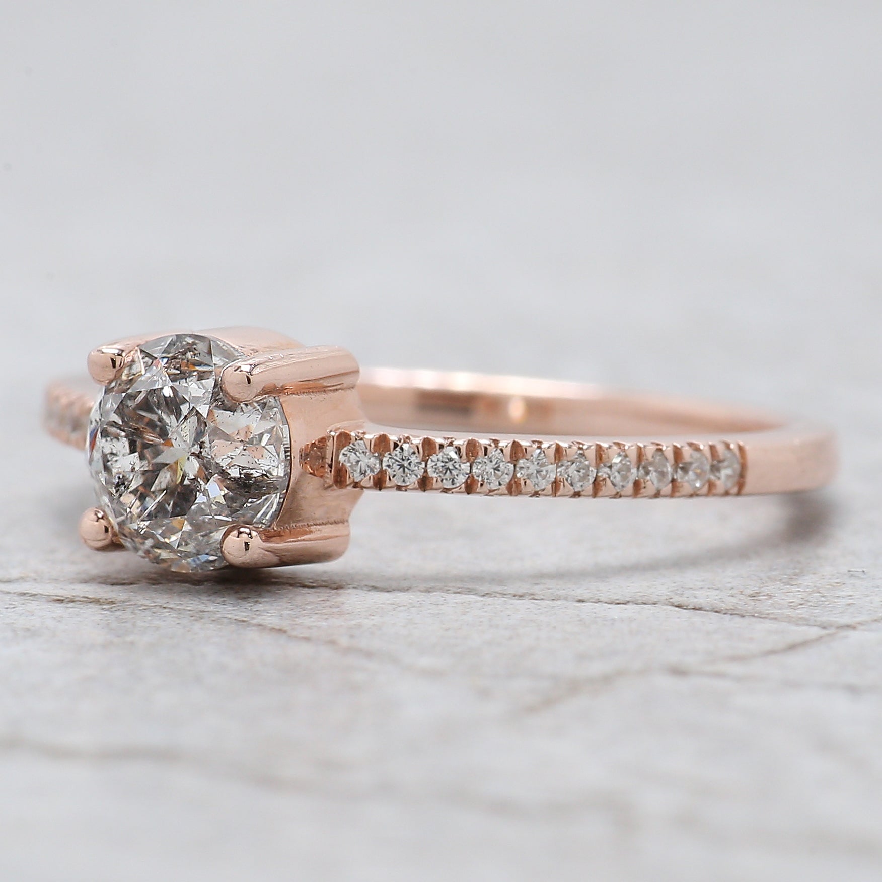 Round Salt And Pepper Diamond Ring 0.86 Ct 5.70 MM Round Cut Diamond Ring 14K Solid Rose Gold Silver Engagement Ring Gift For Her QL2652