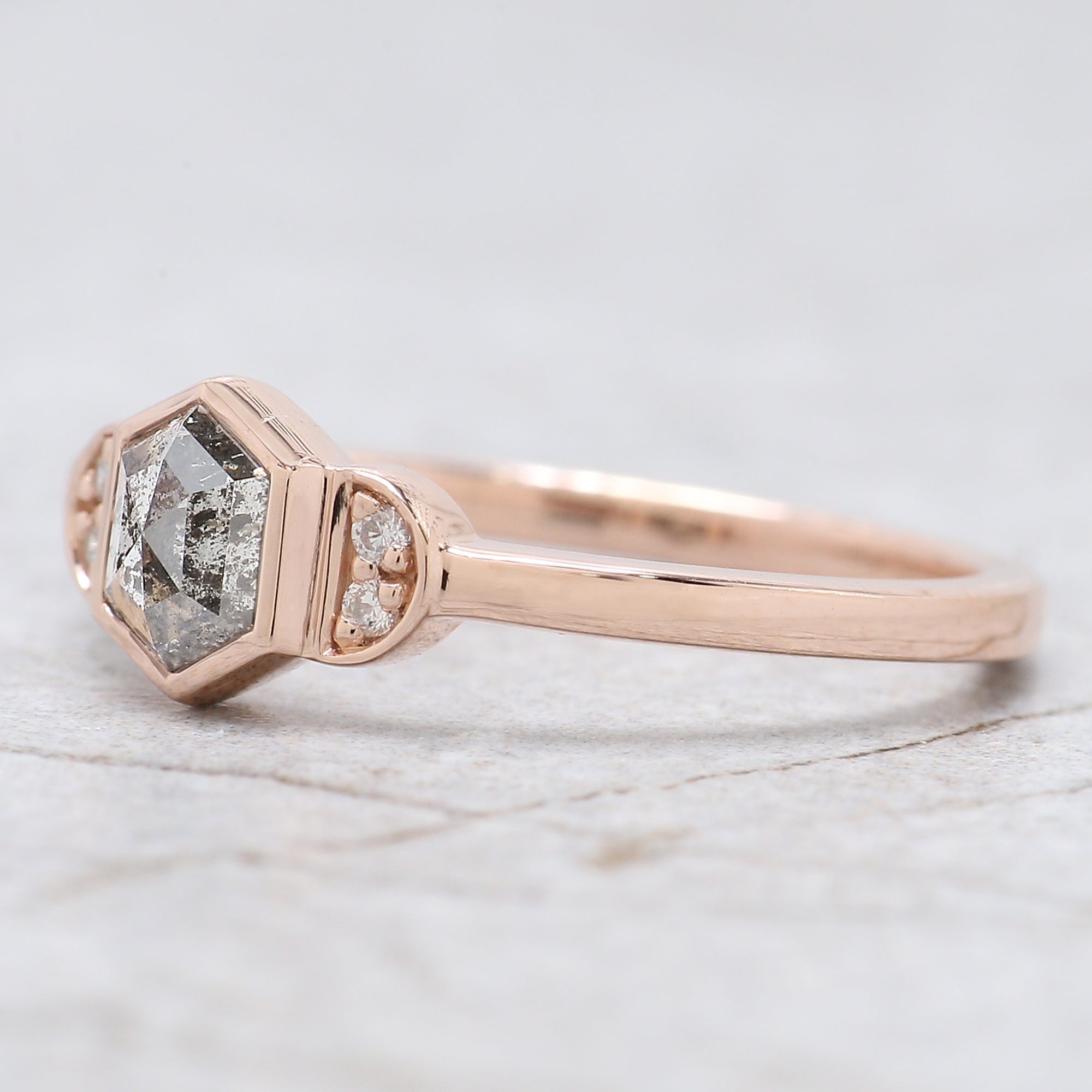 Hexagon Cut Salt And Pepper Diamond Ring 0.58 Ct 5.70 MM Hexagon Diamond Ring 14K Solid Rose Gold Silver Engagement Ring Gift For Her QN1564