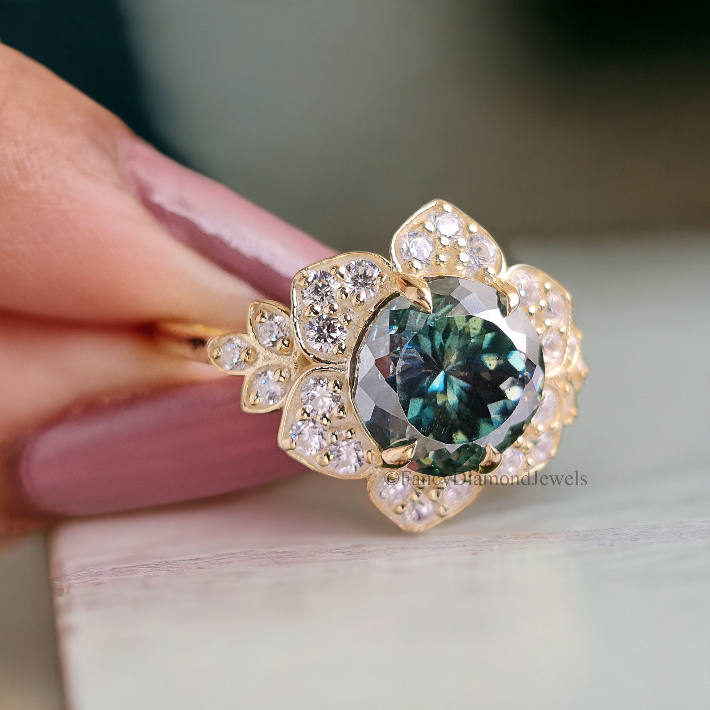 Portuguese Round Cut 8 mm Blue Moissanite Engagement Ring Yellow Gold Vintage Ring Anniversary Ring Gift Blue Moissanite Wedding Ring FD184