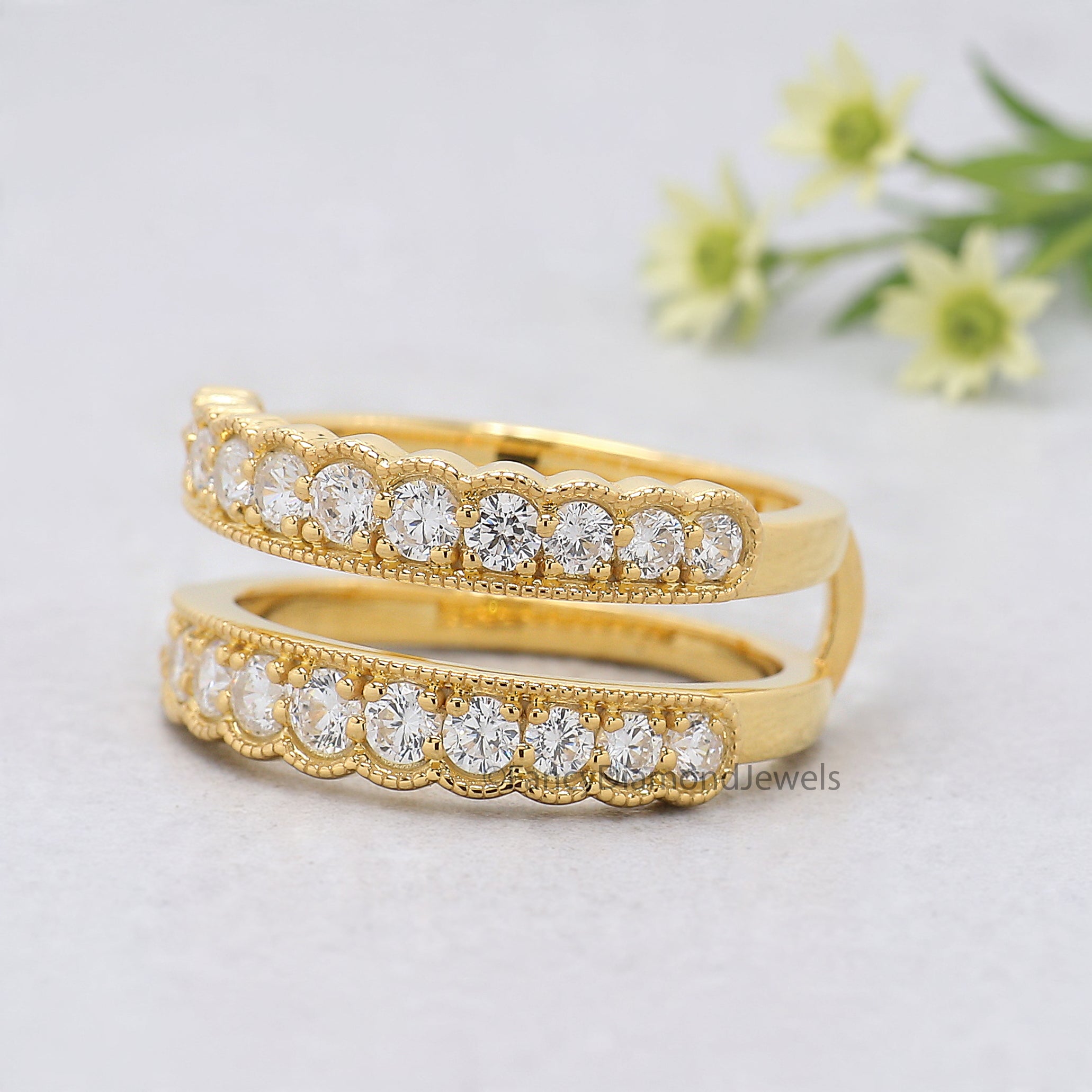 Round Cut Diamond Wedding Band Yellow Gold Unique Half Eternity Wedding Band Vintage Double Stacking Matching Bridal Gift For Her FD527