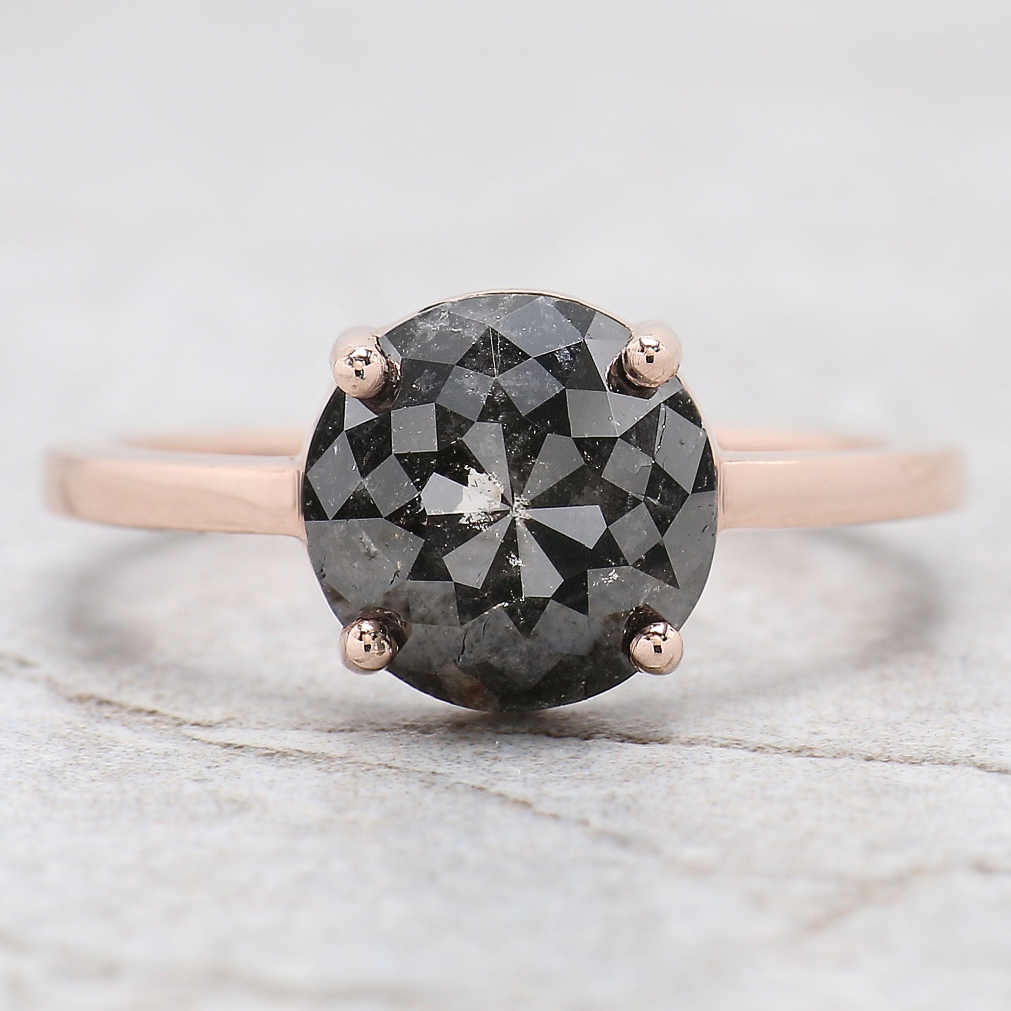 Round Rose Cut Salt And Pepper Diamond Ring 2.97 Ct 8.85 MM Round Diamond Ring 14K Solid Rose Gold Silver Engagement Ring Gift For Her QL064