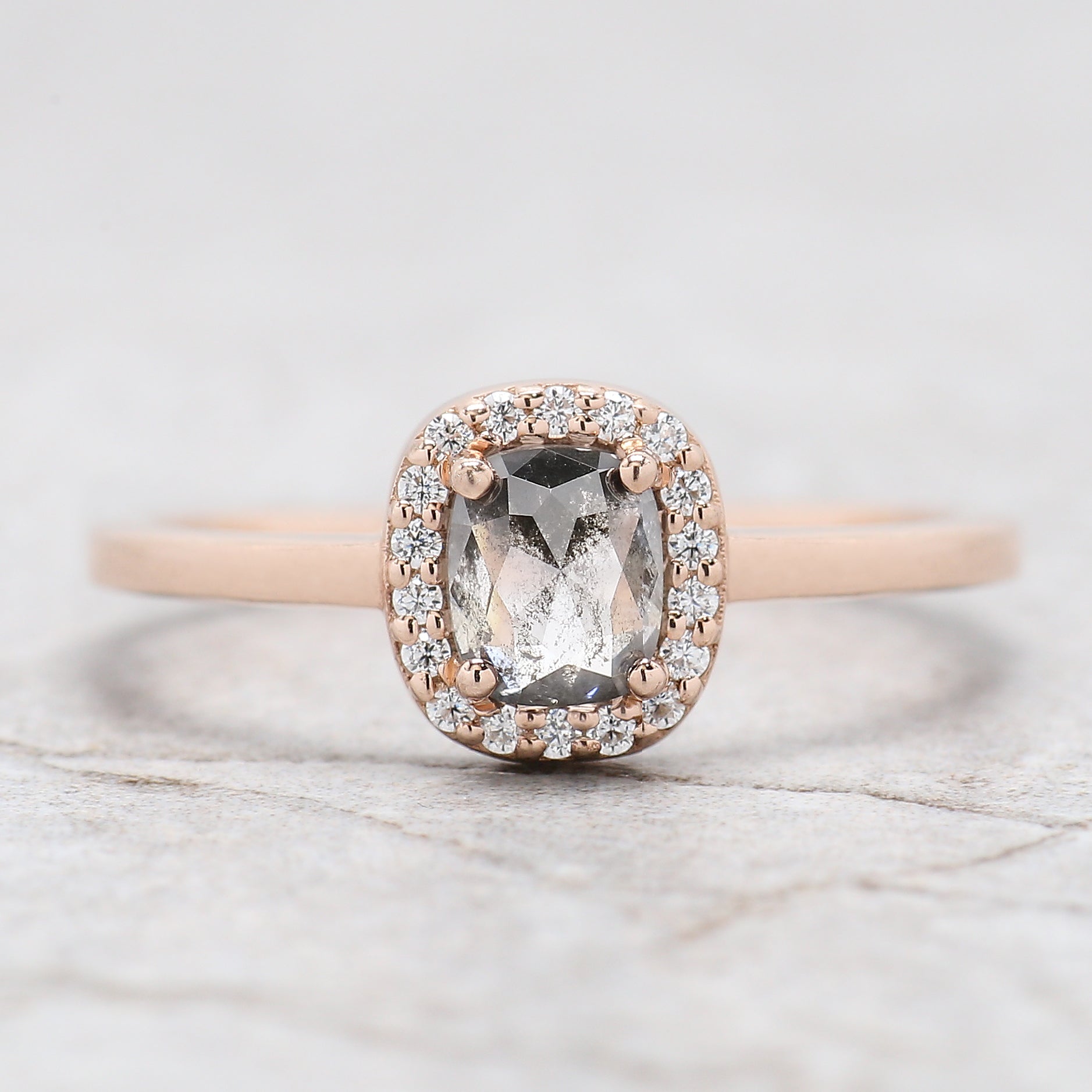 Cushion Cut Salt And Pepper Diamond Ring 0.61 Ct 5.20 MM Cushion Shape Diamond Ring 14K Rose Gold Silver Engagement Ring Gift For Her QL2717