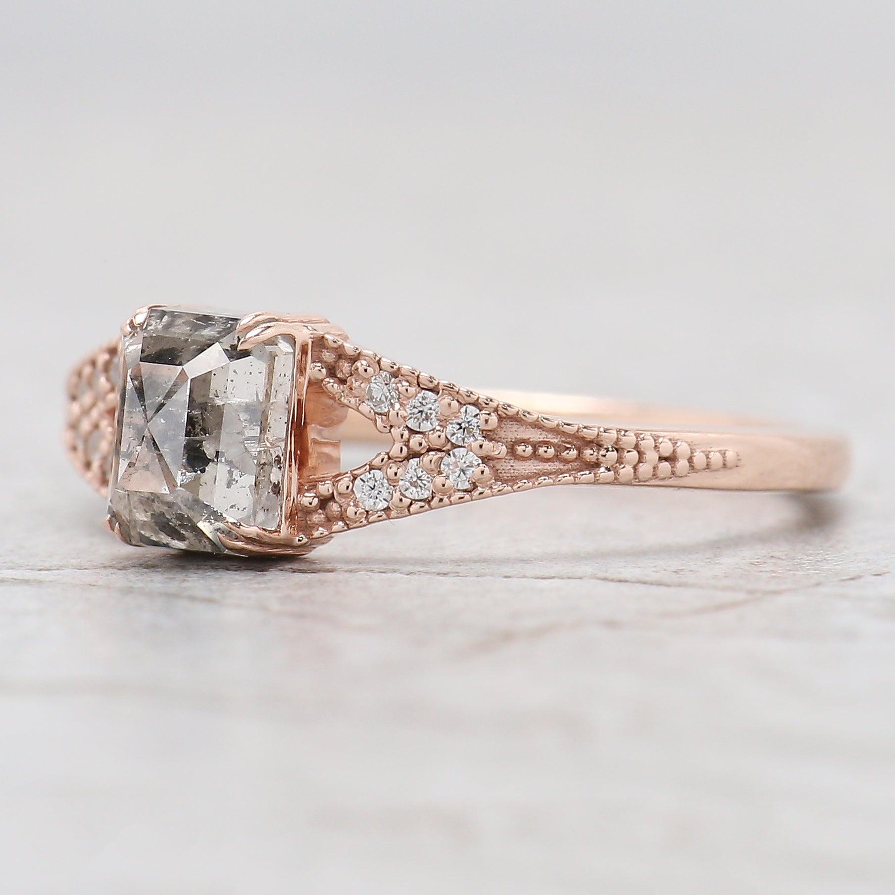 Emerald Cut Salt And Pepper Diamond Ring 0.94 Ct 5.88 MM Emerald Diamond Ring 14K Solid Rose Gold Silver Engagement Ring Gift For Her QL9559