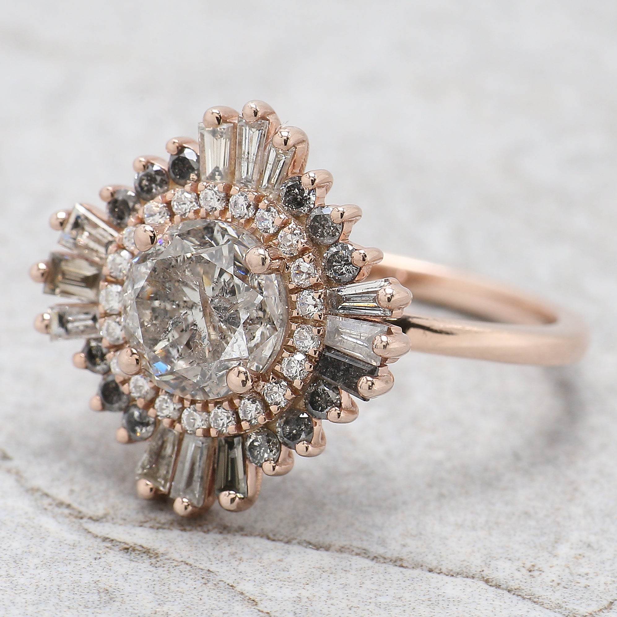 Round Cut Salt And Pepper Diamond Ring 1.92 Ct 7.40 MM Round Diamond Ring 14K Solid Rose Gold Silver Engagement Ring Gift For Her QL2660