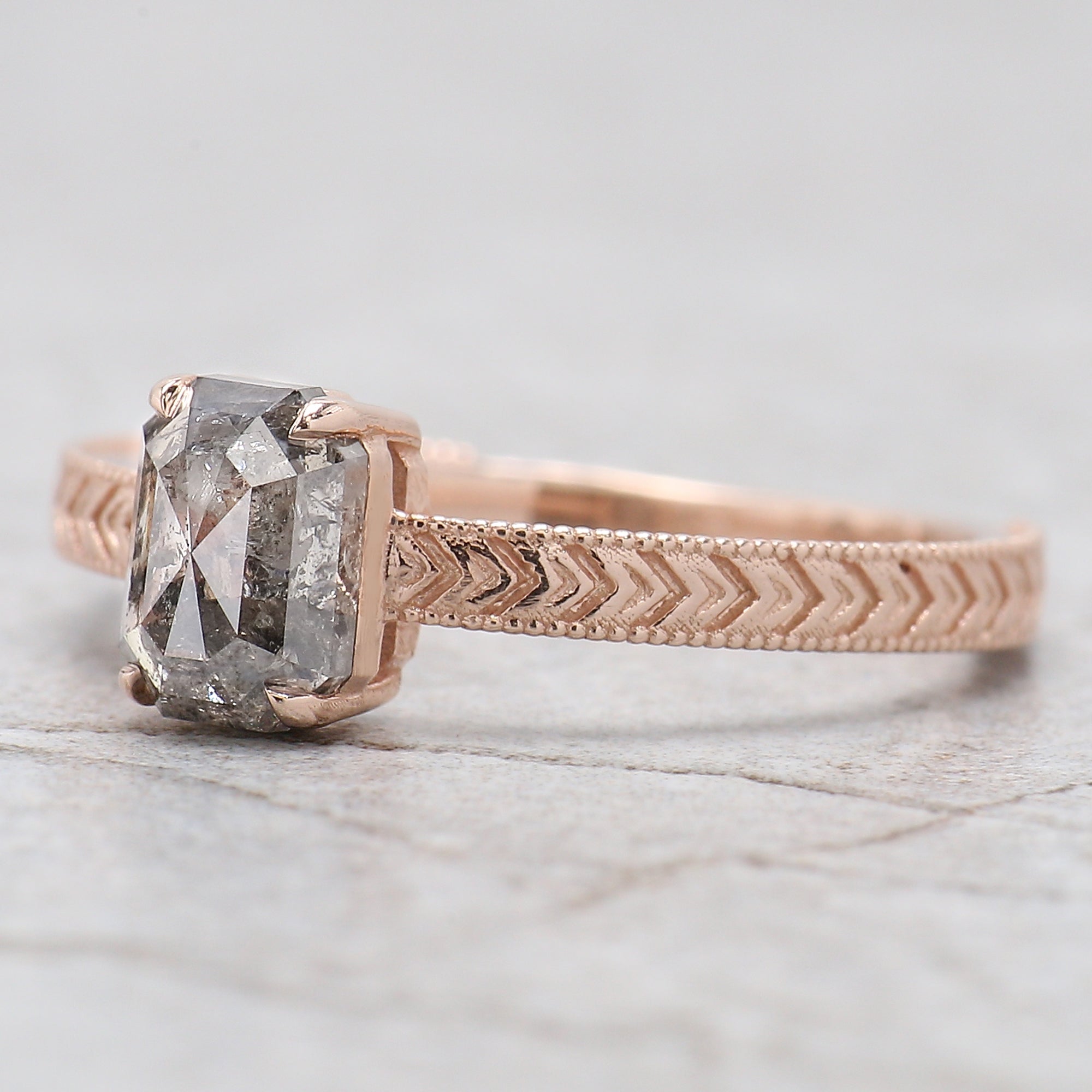 Emerald Salt And Pepper Diamond Ring 1.20 Ct 6.74 MM Emerald Diamond Ring 14K Solid Rose Gold Silver Engagement Ring Gift For Her QL9570