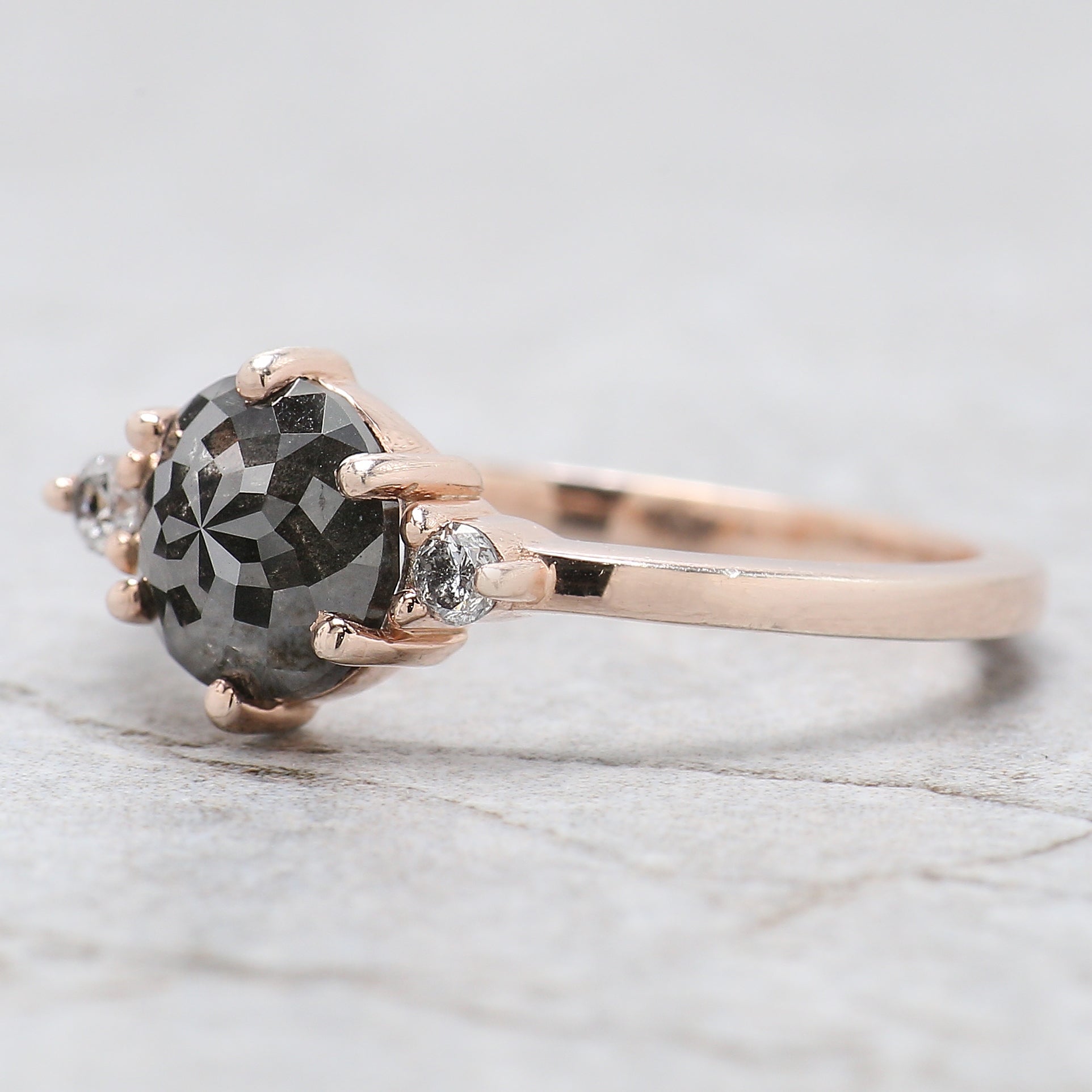 Round Rose Cut Salt And Pepper Diamond Ring 1.78 Ct 7.20 MM Round Diamond Ring 14K Rose Gold Silver Engagement Ring Gift For Her QN9666