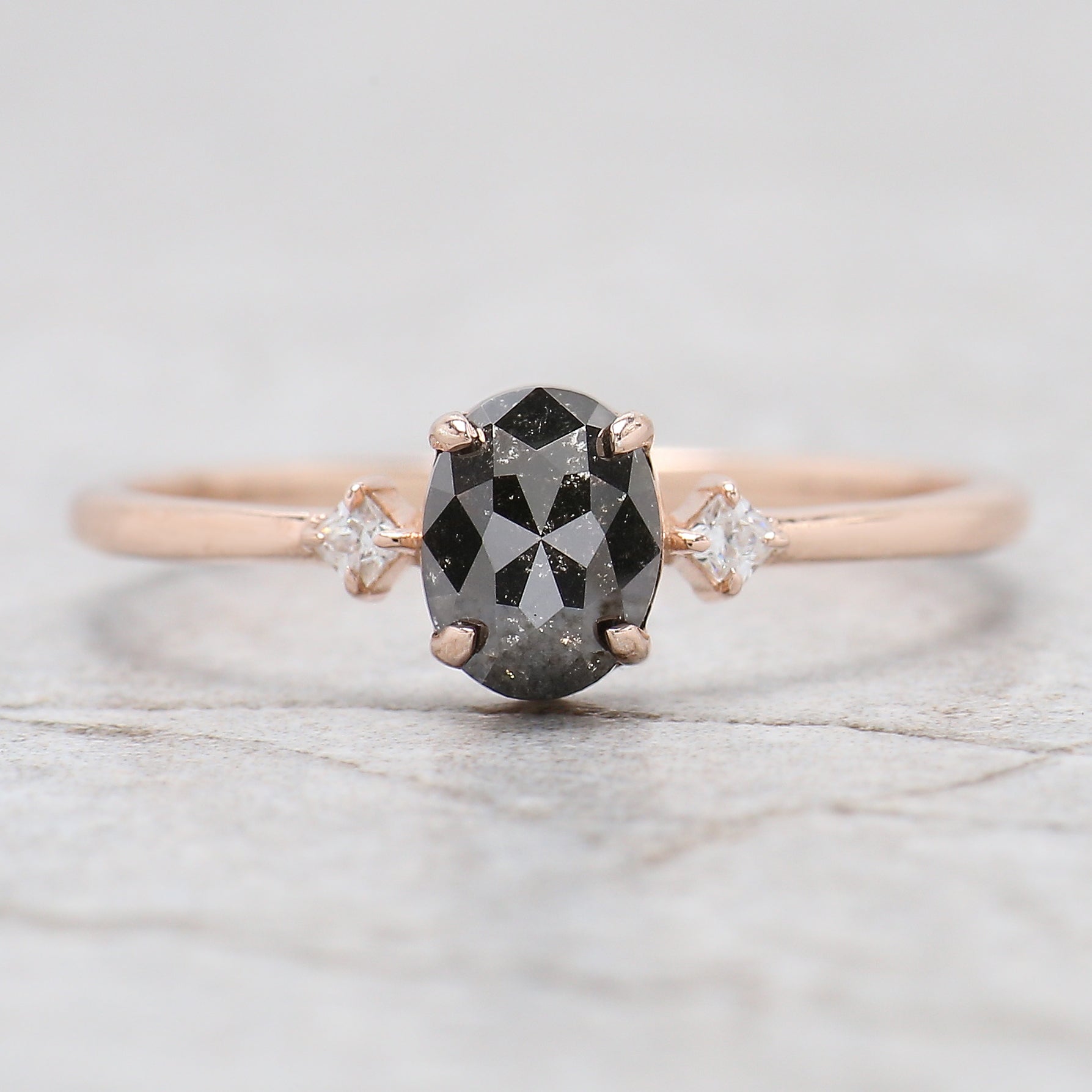 Oval Cut Salt And Pepper Diamond Ring 0.74 Ct 6.05 MM Oval Diamond Ring 14K Solid Rose Gold Silver Oval Engagement Ring Gift For Her QL1911