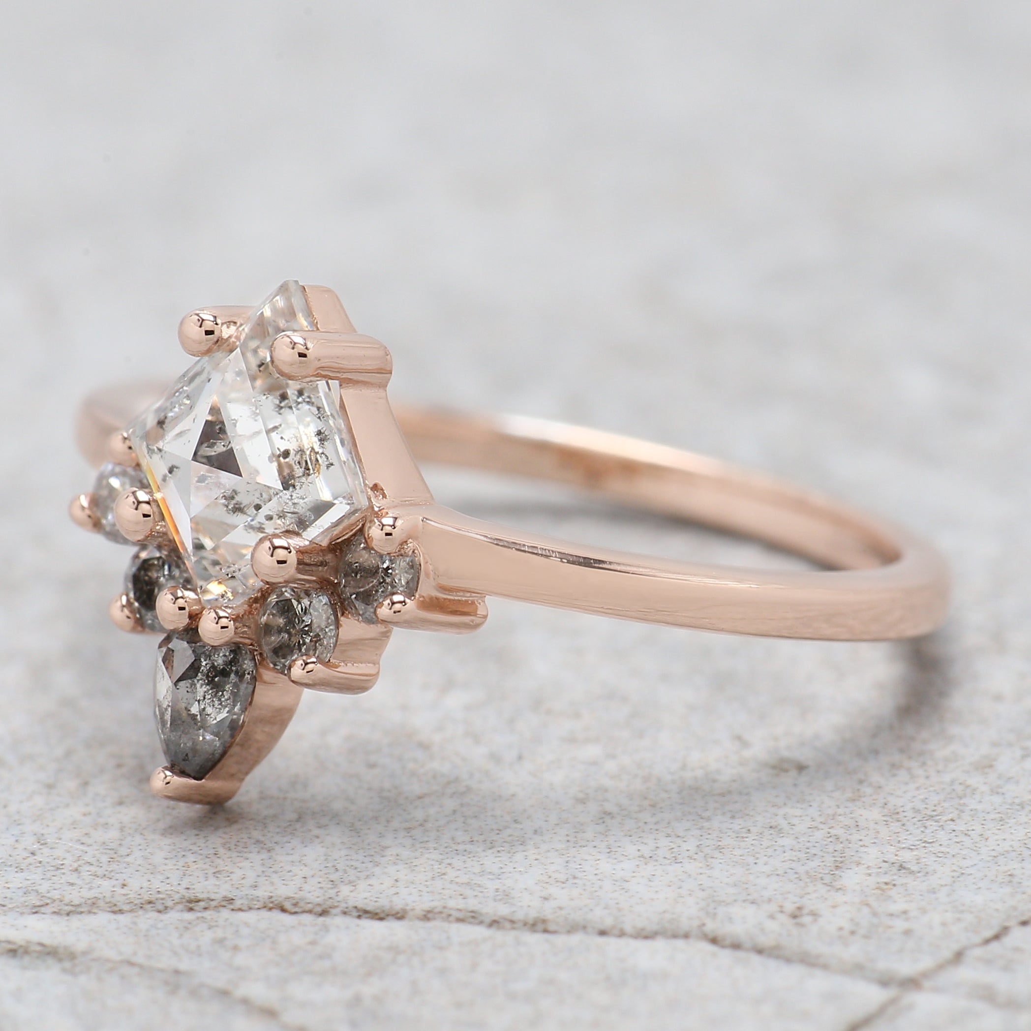Kite Cut Salt And Pepper Diamond Ring 0.83 Ct 7.44 MM Kite Diamond Ring 14K Solid Rose Gold Silver Kite Engagement Ring Gift For Her QL2628
