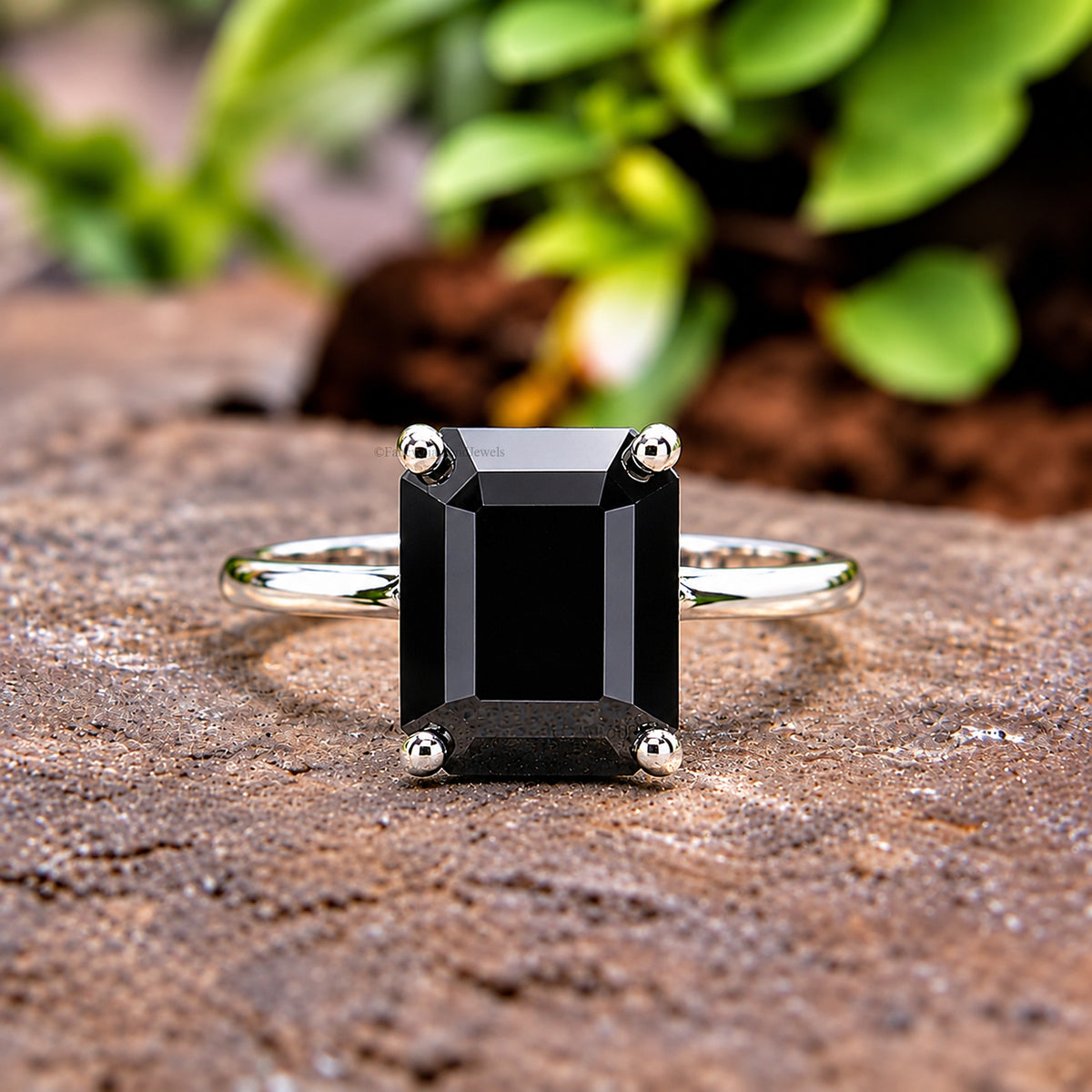 Black Onyx Engagement Ring, Emerald Cut Solitaire Ring, Sterling Silver Emerald Shape Diamond Simulant Ring, Anniversary Gift for Her FD563