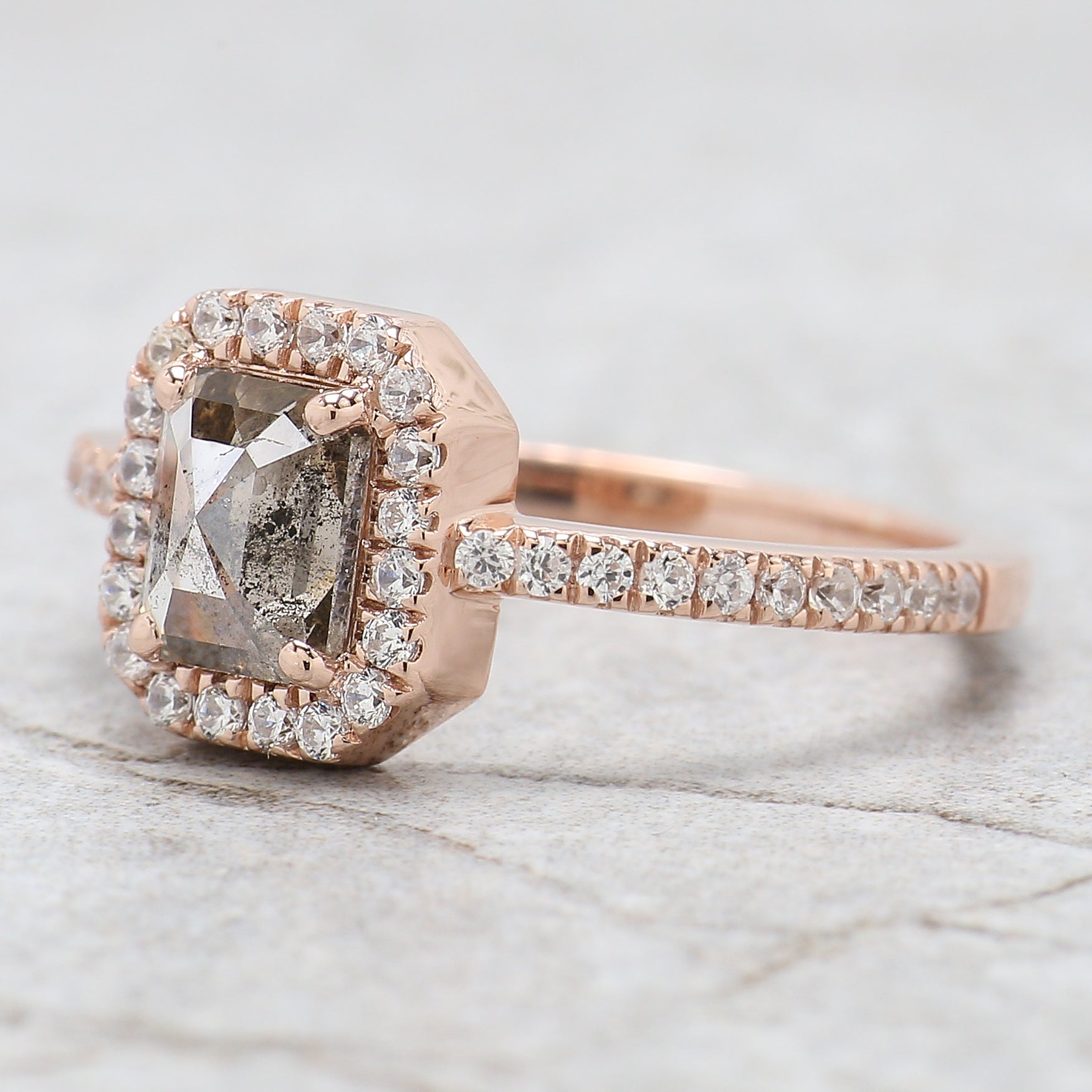 Emerald Cut Salt And Pepper Diamond Ring 0.86 Ct 6.10 MM Emerald Diamond Ring 14K Solid Rose Gold Silver Engagement Ring Gift For Her QL9563