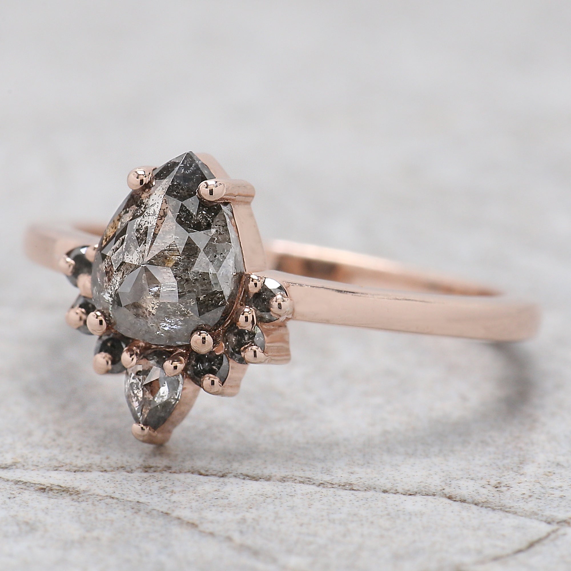 0.91 Ct Natural Pear Shape Salt And Pepper Diamond Ring 7.20 MM Pear Cut Diamond Ring 14K Solid Rose Gold Silver Engagement Ring QL1665