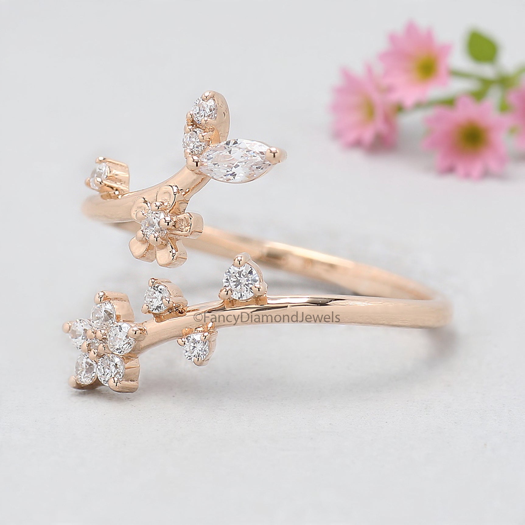 Marquise / Round Cut Wedding Ring Rose Gold Unique Anniversary Ring Spring Flower Ring Adjustable Delicate Personalized Gift For Her FD536