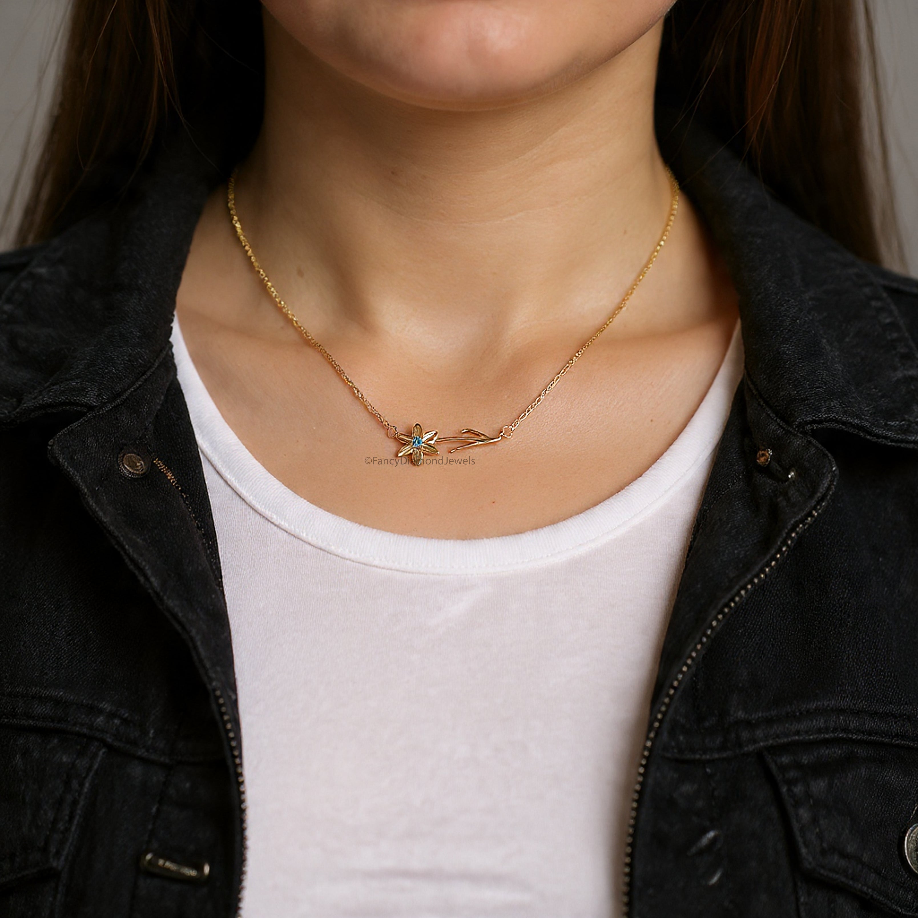 Silver Filled Birth Flower Necklace Horizontal Floral Pendant Dainty Minimalist Birthstone Flower Necklace Personalized Gift for Her FD545