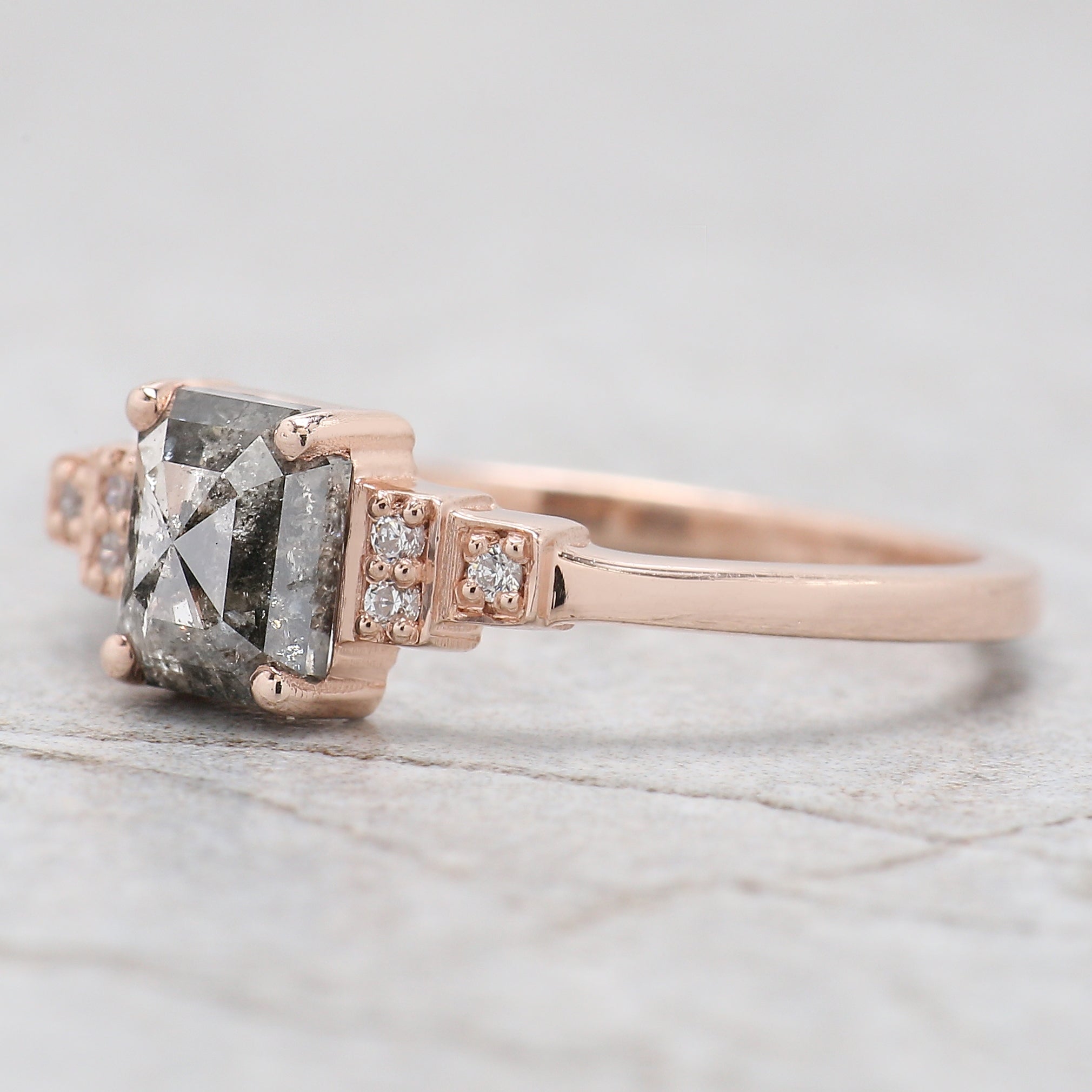 Emerald Salt And Pepper Diamond Ring 0.96 Ct 6.25 MM Emerald Diamond Ring 14K Solid Rose Gold Silver Engagement Ring Gift For Her QL1205