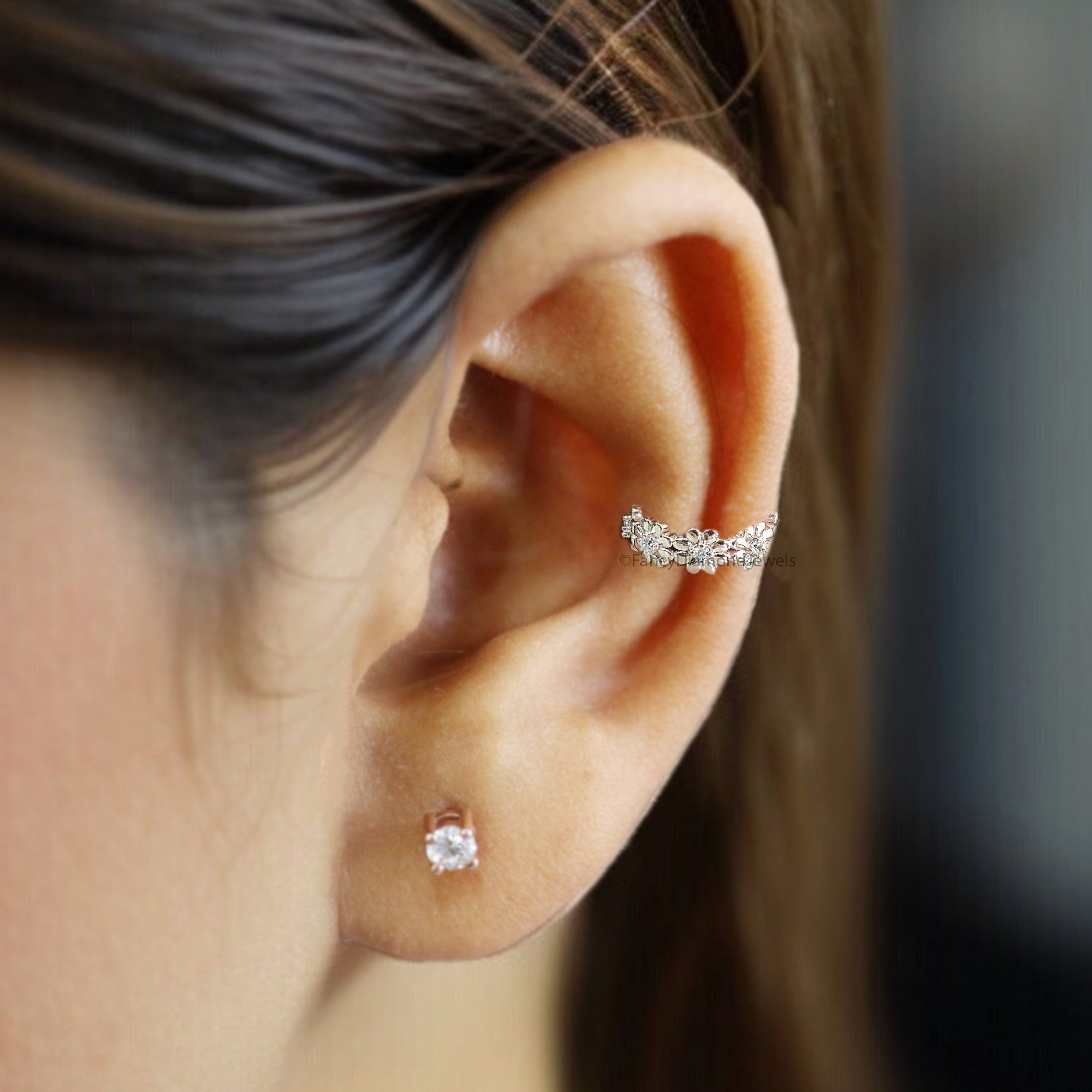 Natural Round White Diamond 14K Solid Rose White Yellow Gold Ear Cuff Ring Engagement Wedding Gift Flower Cuff KD1069
