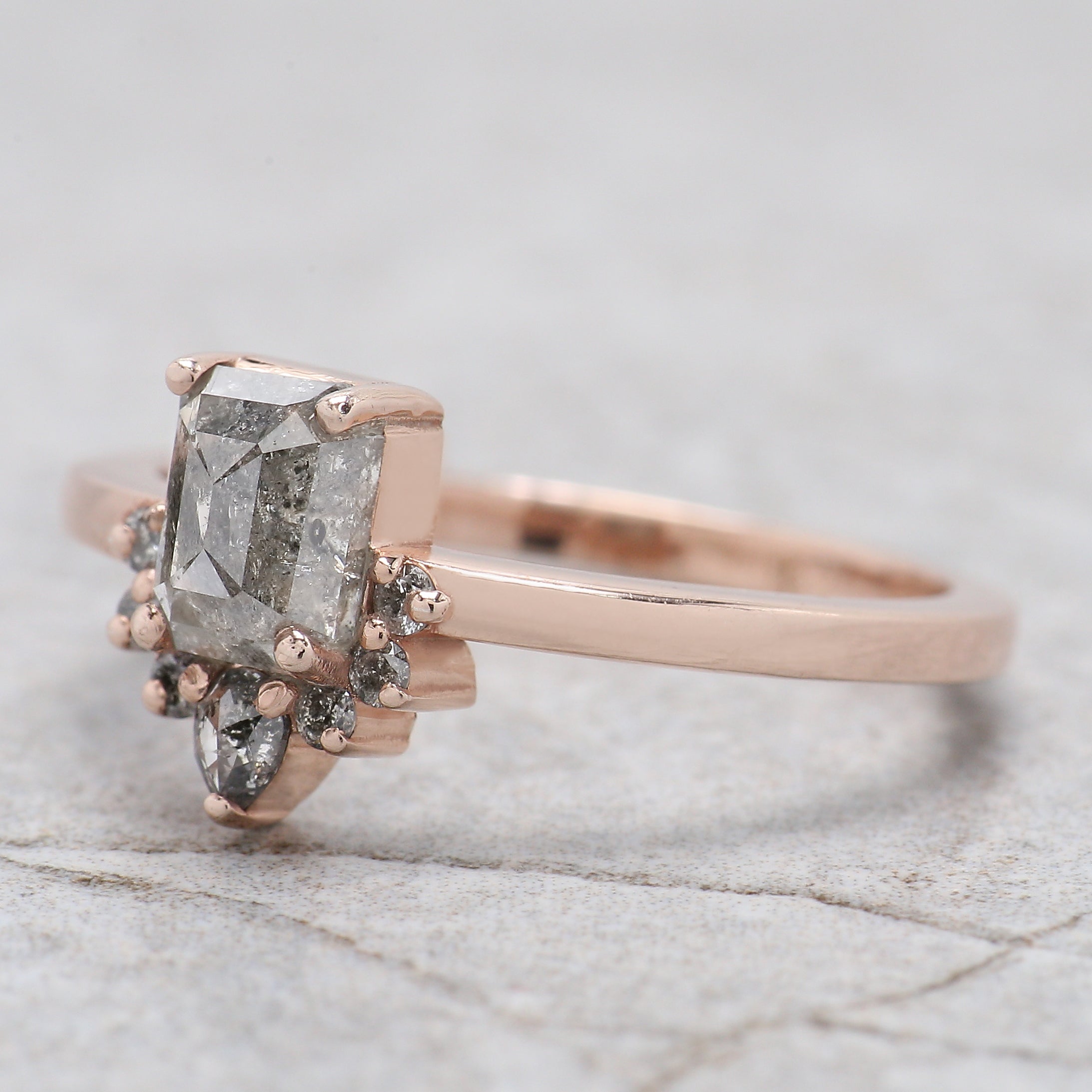 Emerald Salt And Pepper Diamond Ring 0.89 Ct 6.00 MM Emerald Diamond Ring 14K Solid Rose Gold Silver Engagement Ring Gift For Her QL020