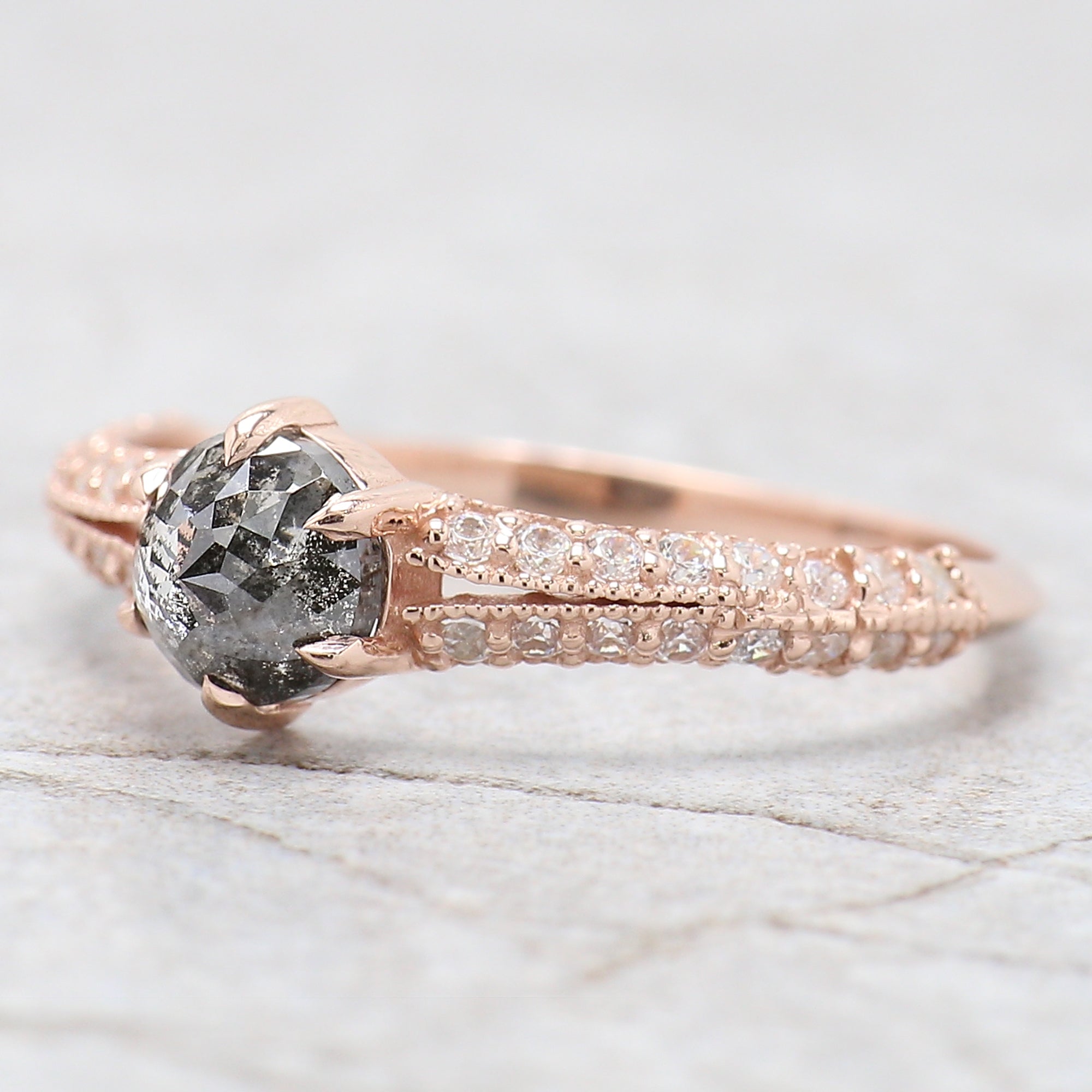 Round Rose Cut Salt And Pepper Diamond Ring 0.83 Ct 5.30 MM Round Diamond Ring 14K Rose Gold Silver Engagement Ring Gift For Her QN9672