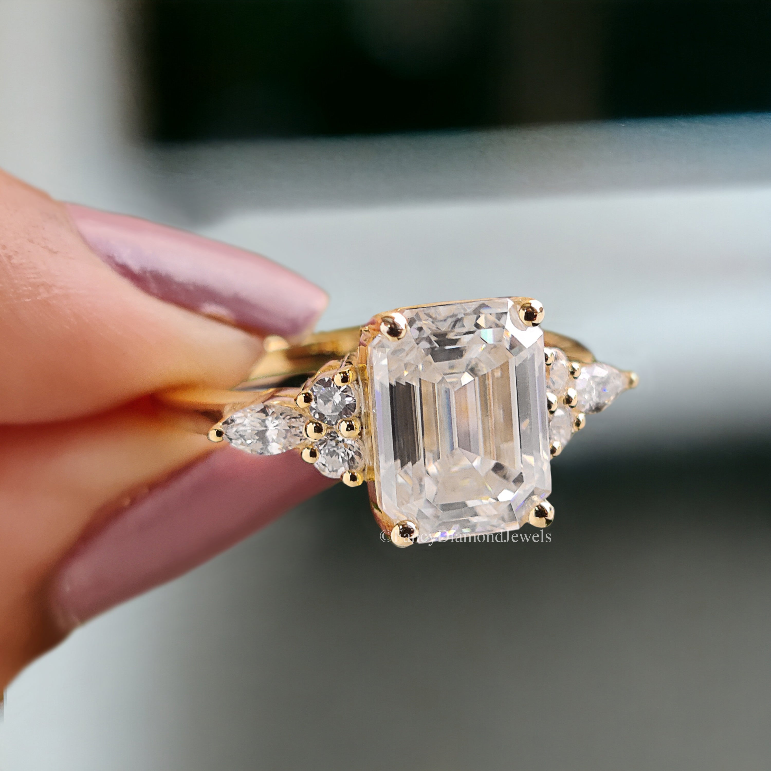 Vintage Emerald Cut Moissanite Engagement Ring Delicate Anniversary Ring Prong Simulated Diamond Ring Milgrain Antique Wedding Ring FD179