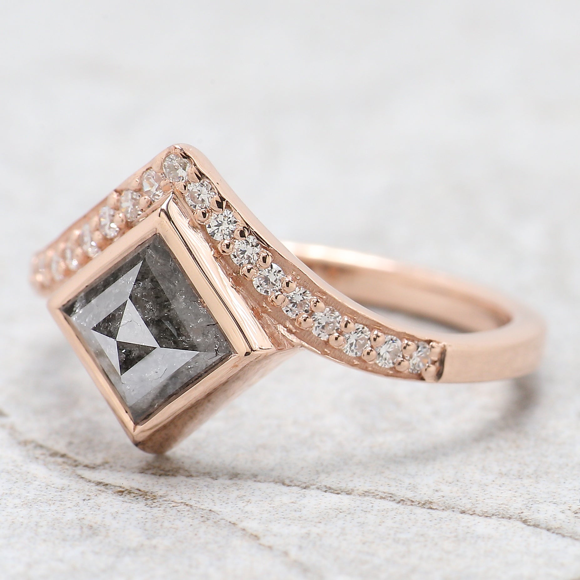 Kite Cut Salt And Pepper Diamond Ring 1.20 Ct 8.00 MM Kite Diamond Ring 14K Solid Rose Gold Silver Kite Engagement Ring Gift For Her QN1322