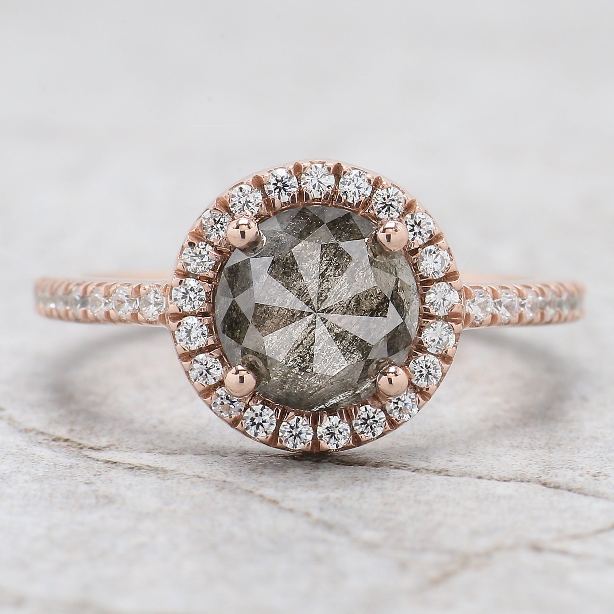 Round Rose Cut Salt And Pepper Diamond Ring 1.69 Ct 7.36 MM Round Diamond Ring 14K Rose Gold Silver Engagement Ring Gift For Her QL1949