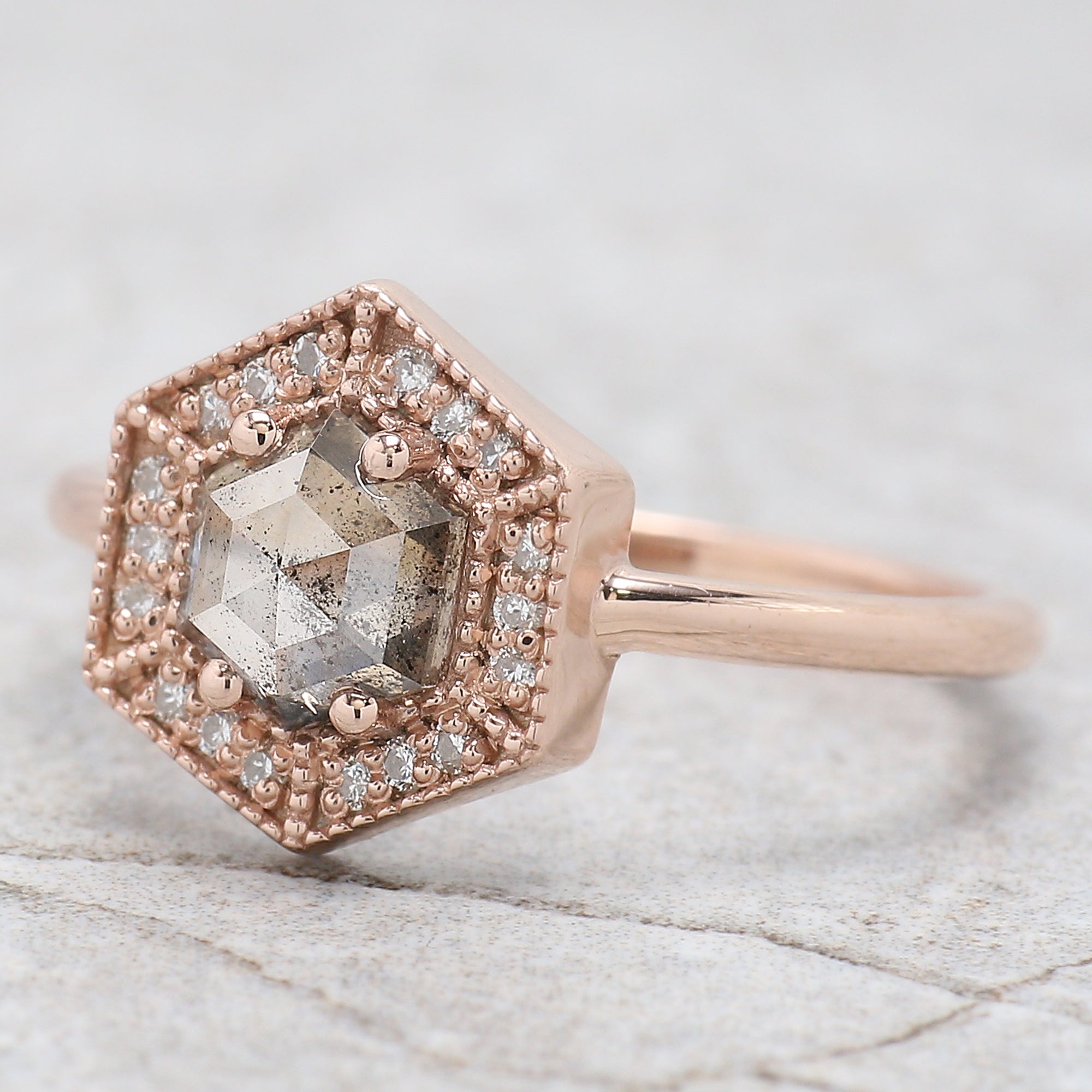 Hexagon Cut Salt And Pepper Diamond Ring 0.77 Ct 5.94 MM Hexagon Diamond Ring 14K Solid Rose Gold Silver Engagement Ring Gift For Her QL9543