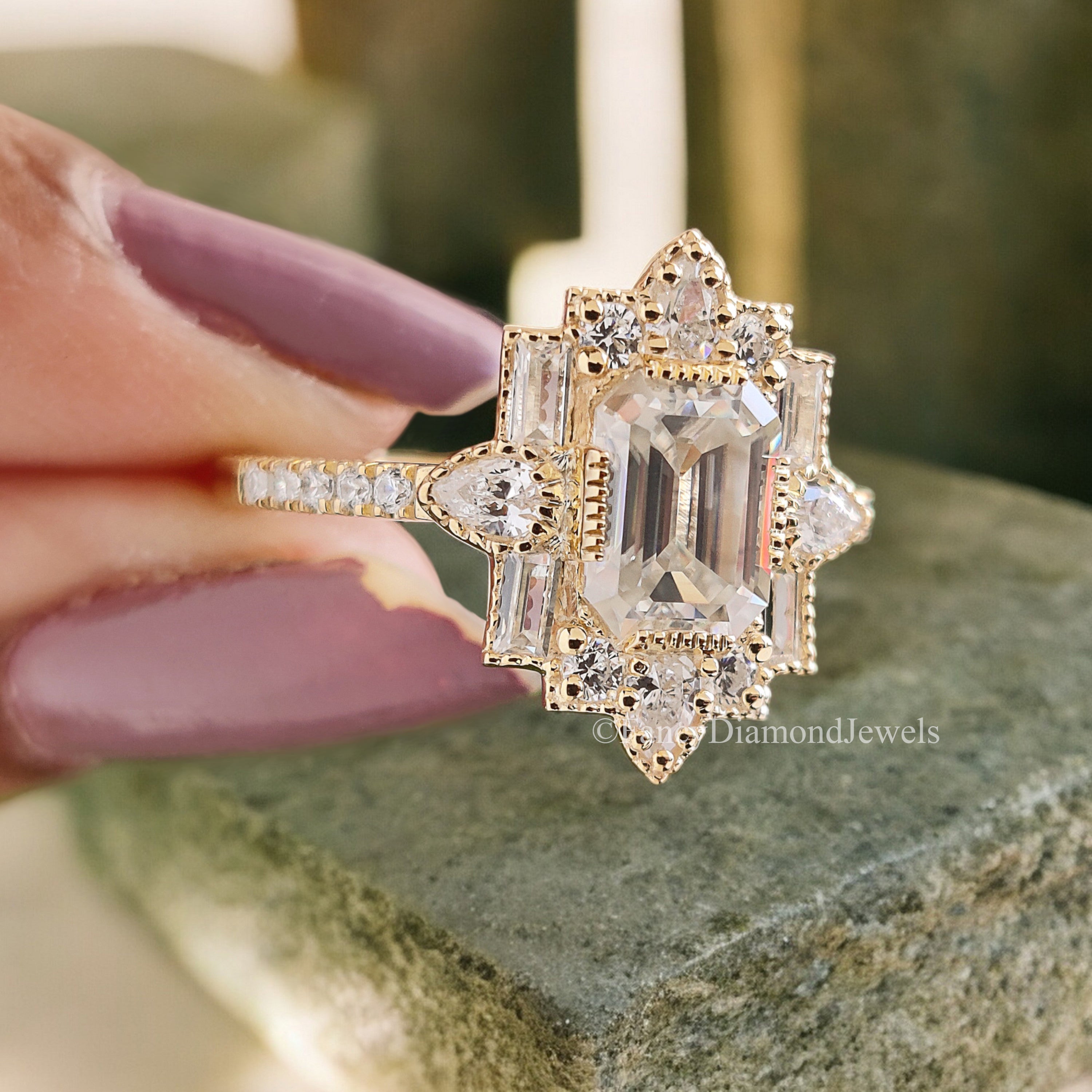 1.00 CT Emerald Cut Vintage Bridal Engagement Ring Baguette wedding ring Unique art deco ring Pear halo ring Starburst ring For Her FD188