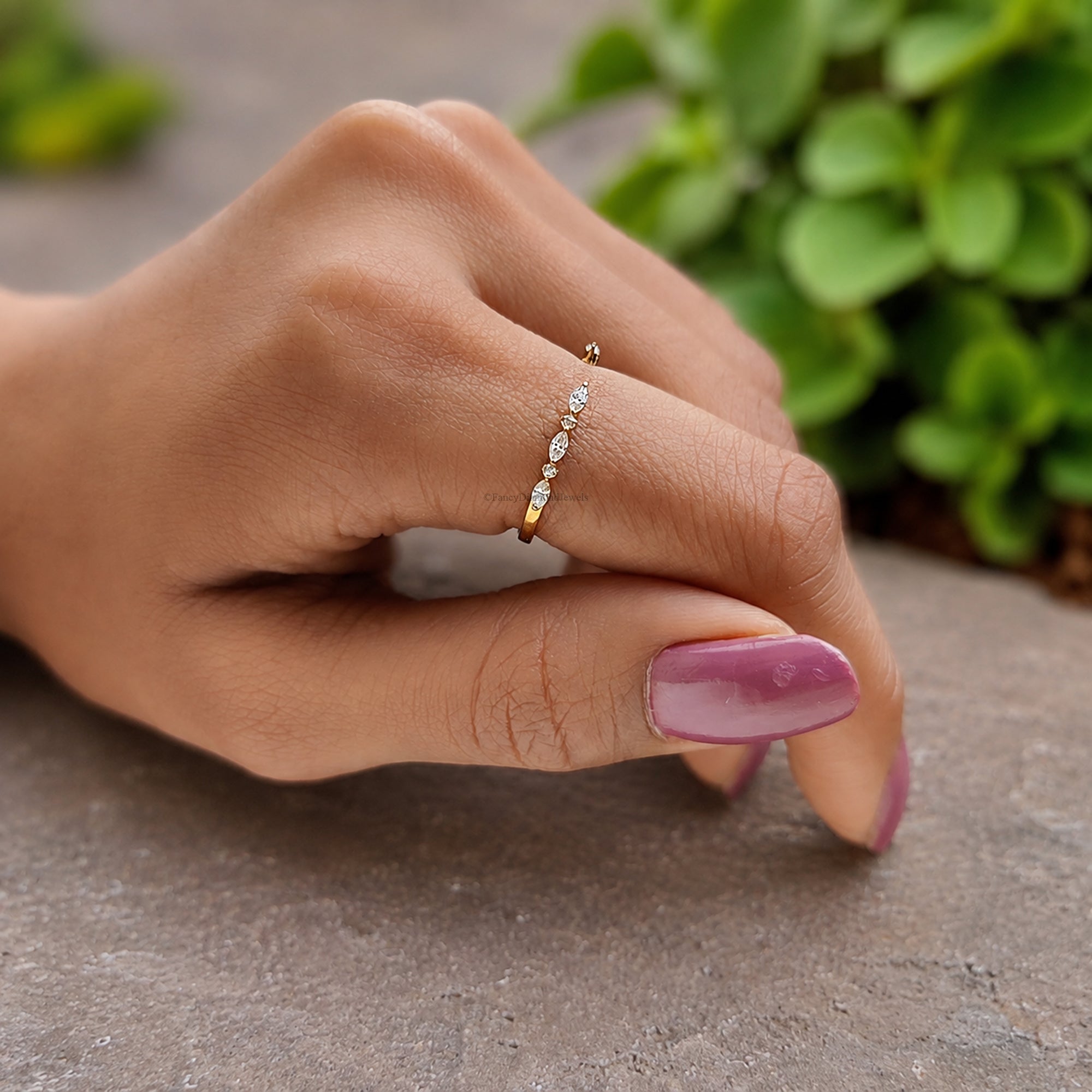 Open Gap Wedding Band Marquise and Round Moissanite Engagement Band, Half Eternity Band, Stackable Matching Minimalist Rings For Women FD603