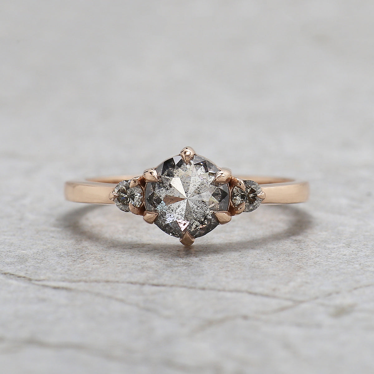 Round Rose Cut Salt and Pepper Diamond Ring, 14K Rose Gold Round Engagement Ring, Bridal Ring Set, Unique Diamond Ring Gift for Her KDL3613