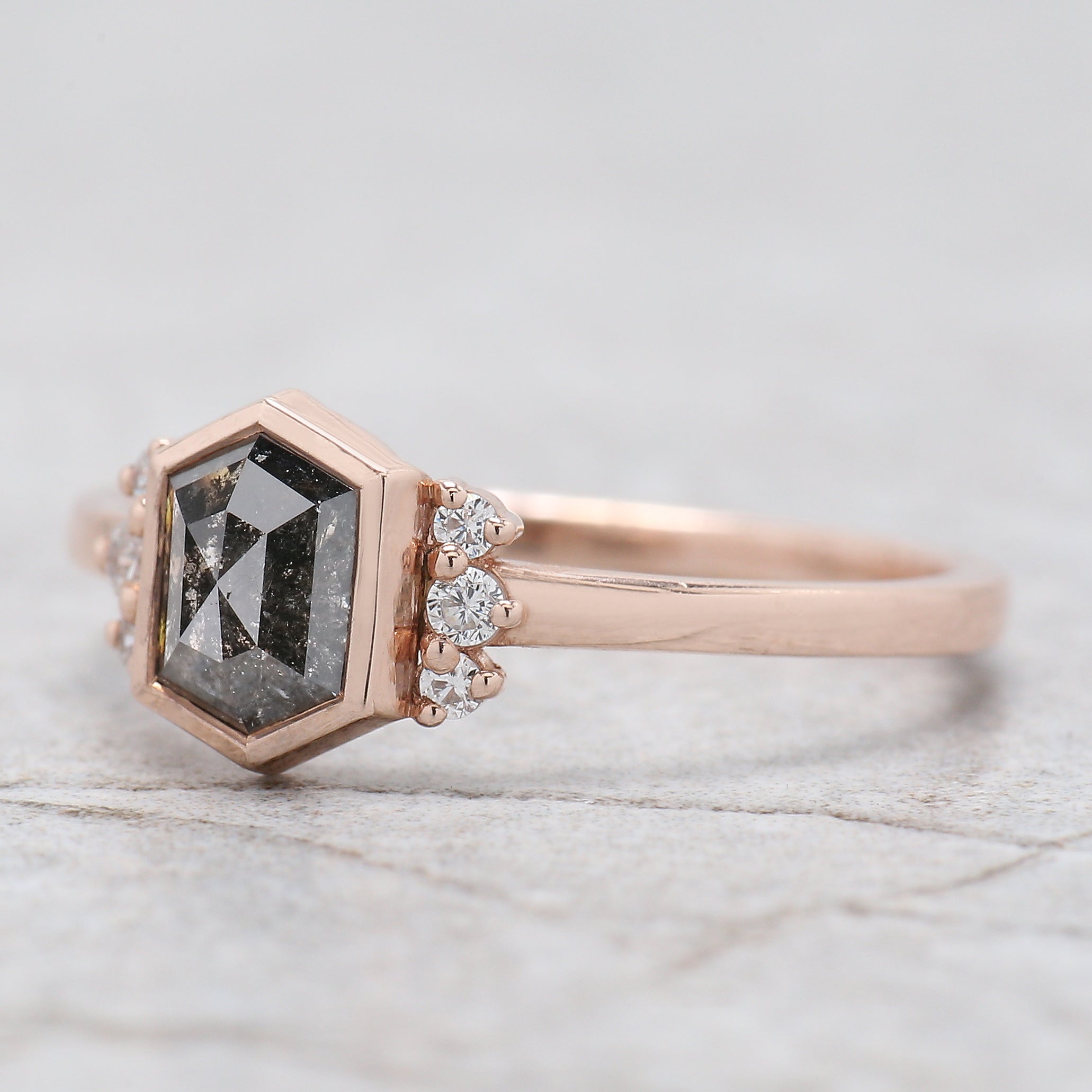 Hexagon Cut Salt And Pepper Diamond Ring 0.83 Ct 6.50 MM Hexagon Cut Diamond Ring 14K Rose Gold Silver Engagement Ring Gift For Her QL1503