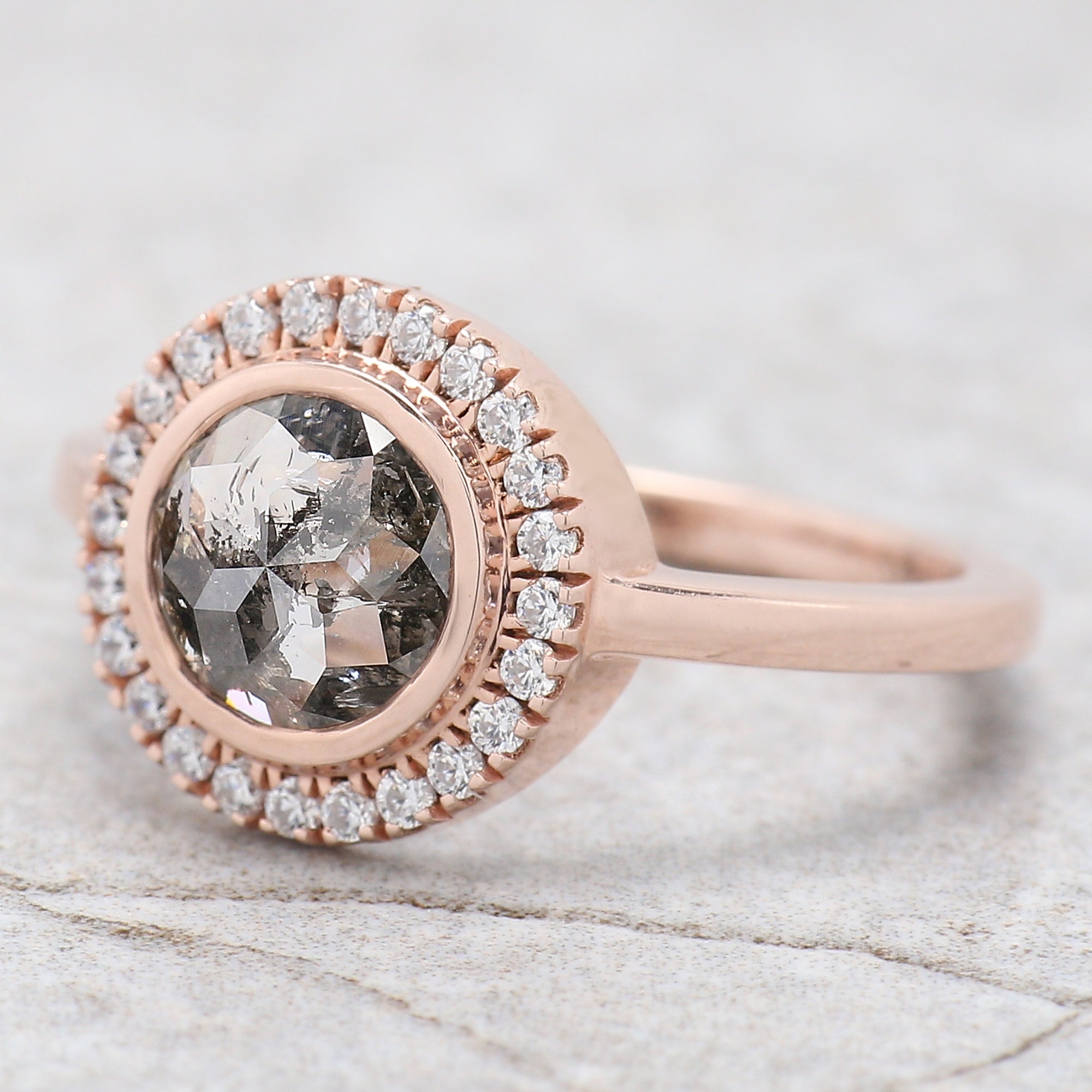 Round Rose Cut Salt And Pepper Diamond Ring 1.14 Ct 7.28 MM Round Diamond Ring 14K Rose Gold Silver Engagement Ring Gift For Her QL2590