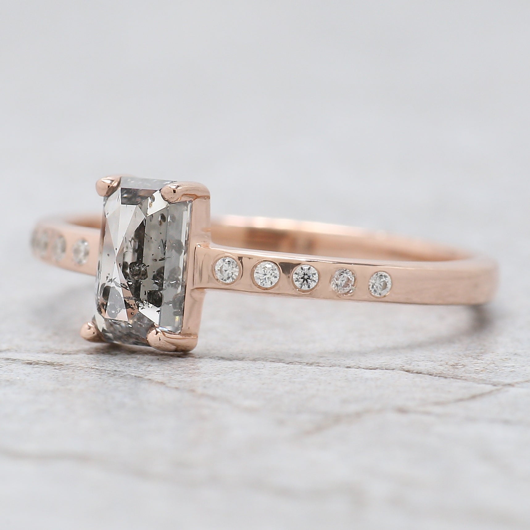 Emerald Cut Salt And Pepper Diamond Ring 0.77 Ct 6.60 MM Emerald Diamond Ring 14K Solid Rose Gold Silver Engagement Ring Gift For Her QL2658