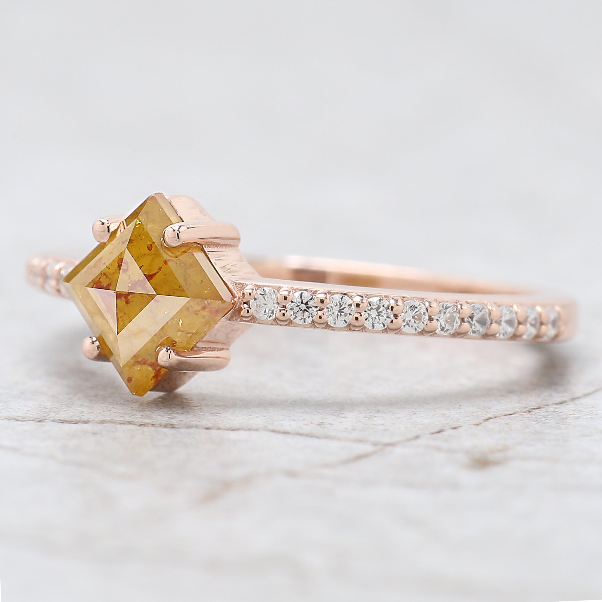 1.00 Ct Natural Kite Cut Yellow Color Diamond Ring 7.45 MM Kite Rose Cut Shape Diamond Ring 14K Solid Rose Gold Silver Engagement Ring QN634