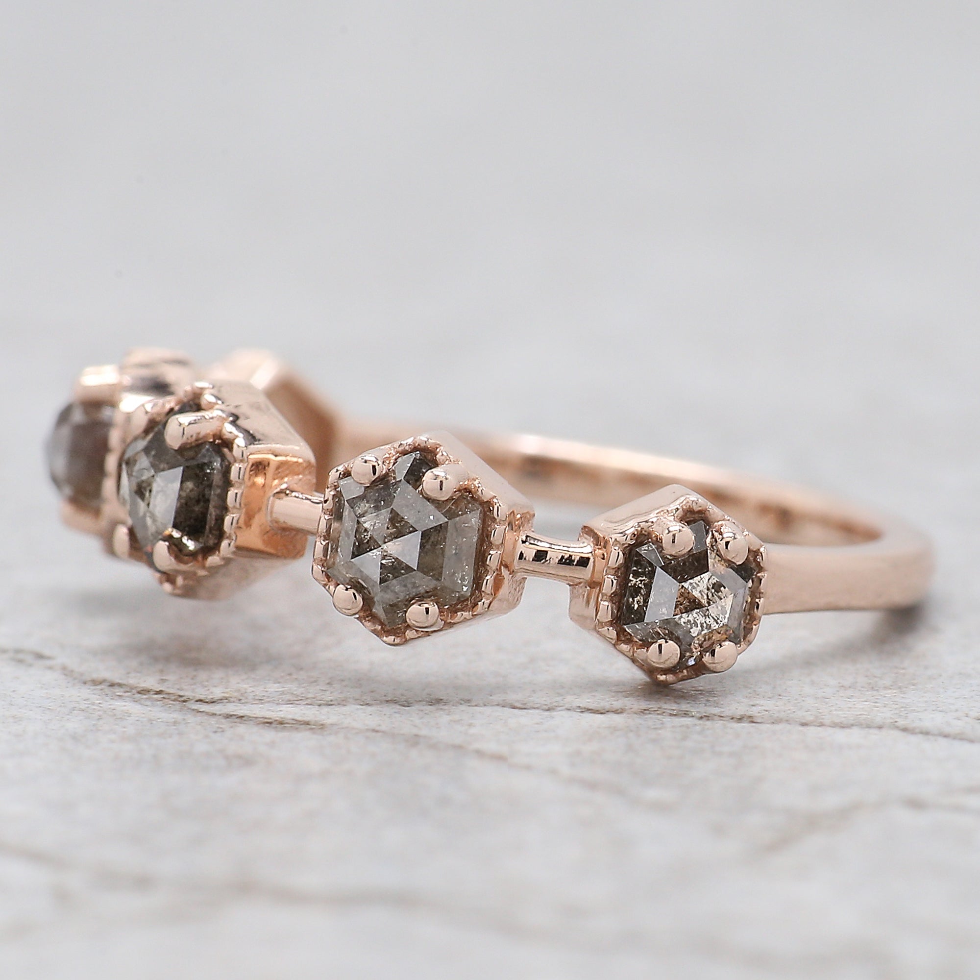 Hexagon Cut Salt And Pepper Diamond Ring 1.24 Ct 3.60 MM Hexagon Cut Diamond Ring 14K Rose Gold Silver Engagement Ring Gift For Her QL7558