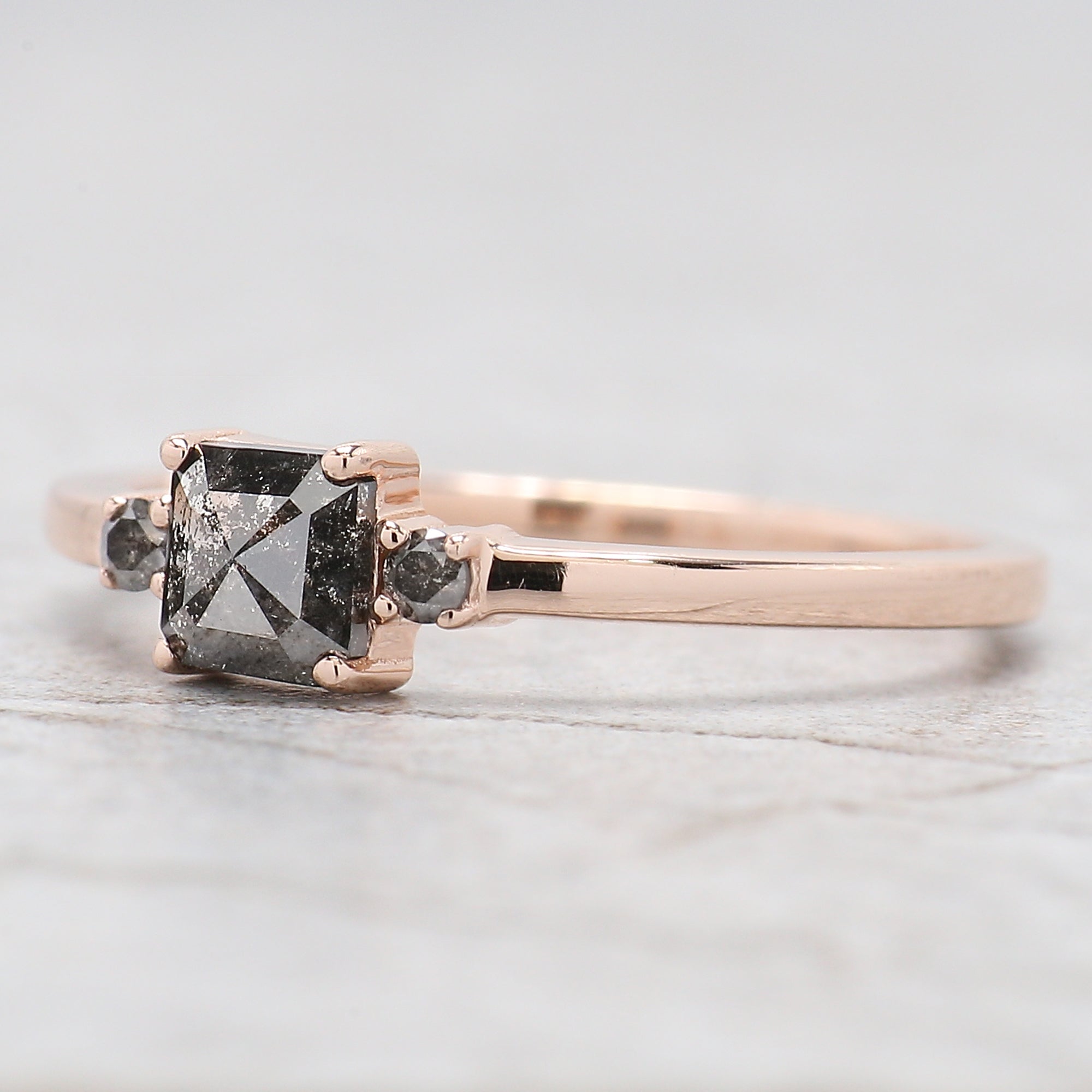 Emerald Cut Salt And Pepper Diamond Ring 0.47 Ct 4.50 MM Emerald Diamond Ring 14K Solid Rose Gold Silver Engagement Ring Gift For Her QL6853