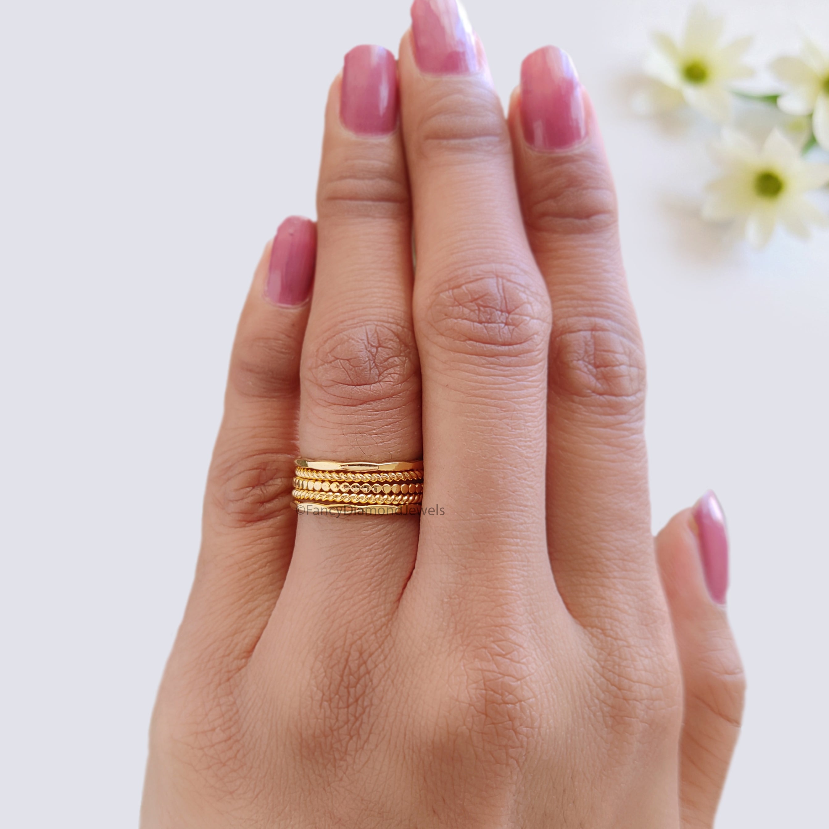 Handmade Filled Stackable 5 Rings Set Simple Wedding Band Yellow Gold Unique Wedding Band Minimal Dainty Stacking Band Gift For Her FD540