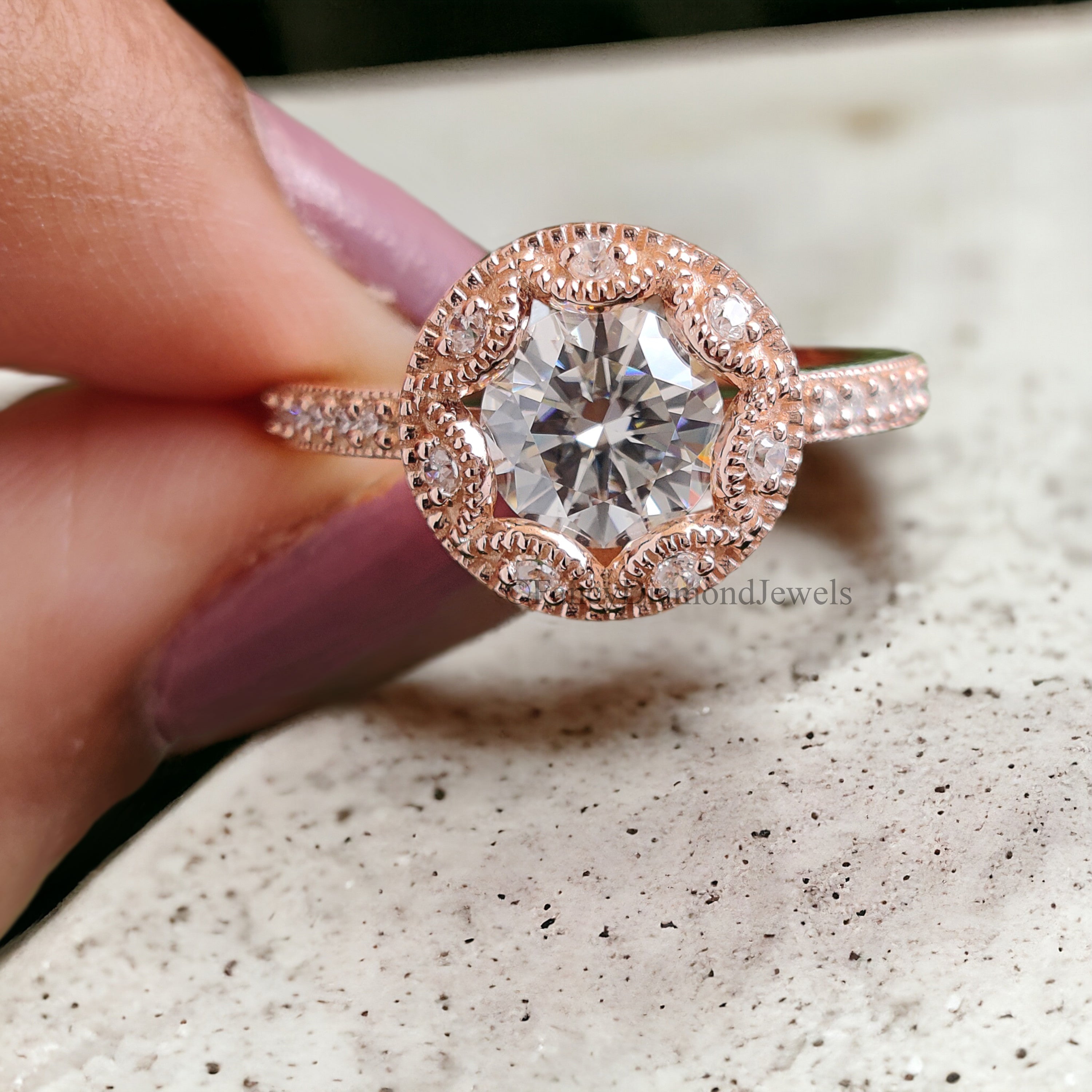 Round Cut Moissanite Engagement Ring Halo Milgrain Engagement Ring Handmade Jewelry Rose Gold Wedding Ring Surprise Gifts for Her FD166