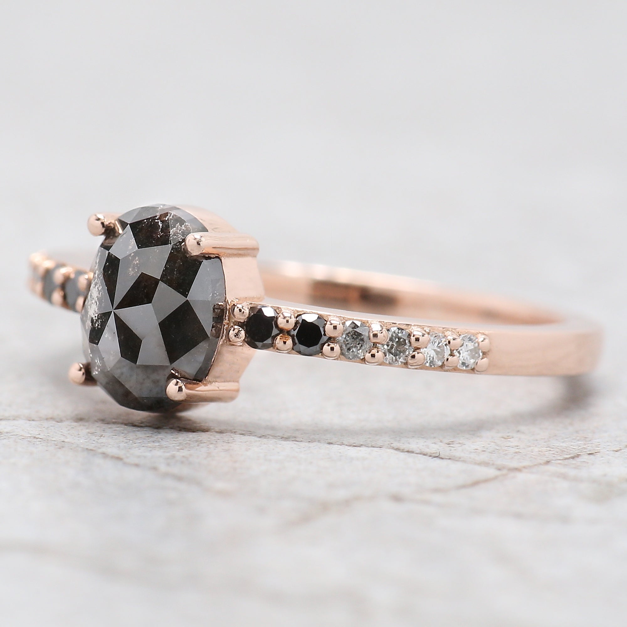 1.07 Ct Natural Oval Shape Salt And Pepper Diamond Ring 7.15 MM Oval Cut Diamond Ring 14K Solid Rose Gold Silver Engagement Ring QN404