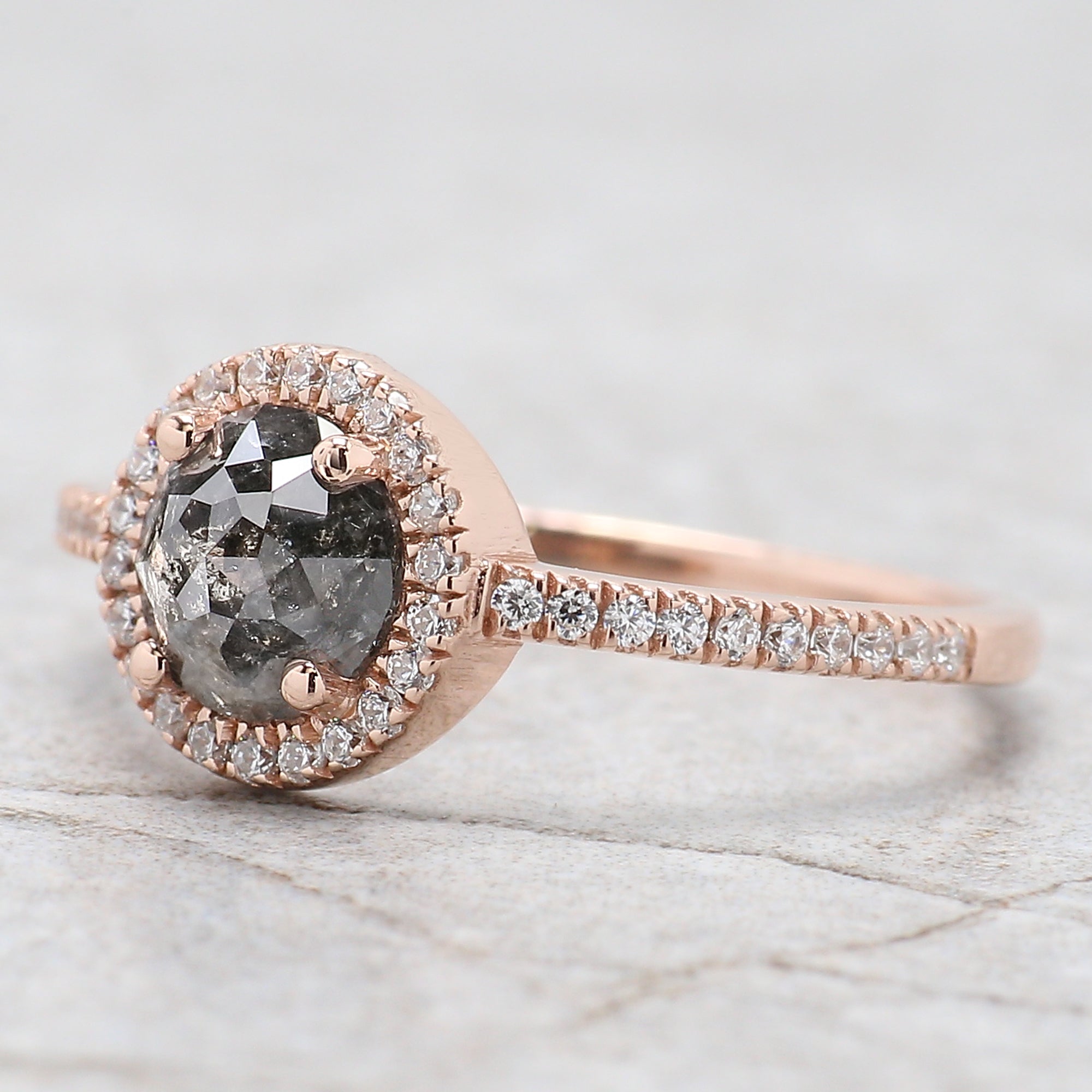 Round Rose Cut Salt And Pepper Diamond Ring 0.96 Ct 6.00 MM Round Diamond Ring 14K Rose Gold Silver Engagement Ring Gift For Her QN1216