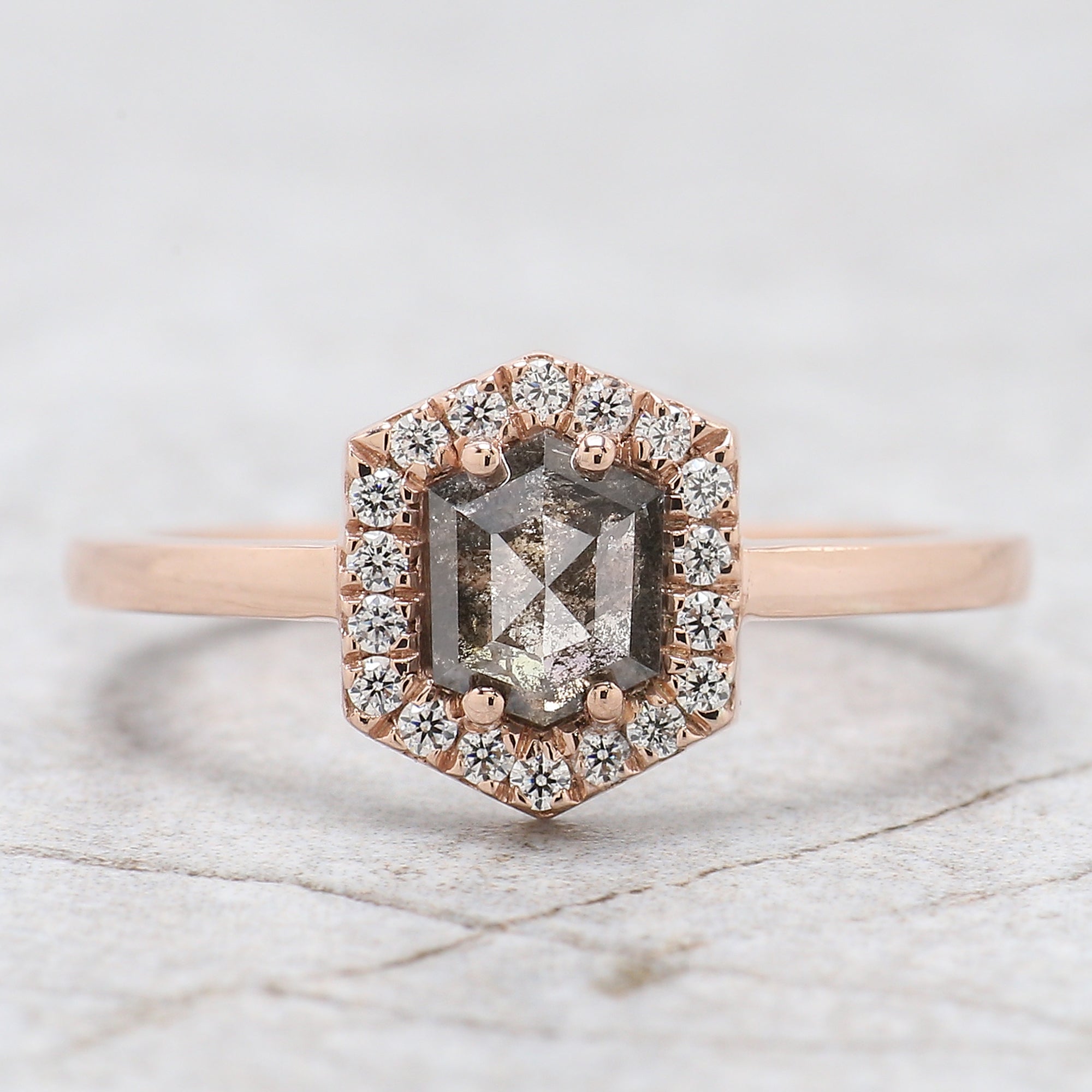 Hexagon Cut Salt And Pepper Diamond Ring 0.77 Ct 6.05 MM Hexagon Diamond Ring 14K Solid Rose Gold Silver Engagement Ring Gift For Her QN1223