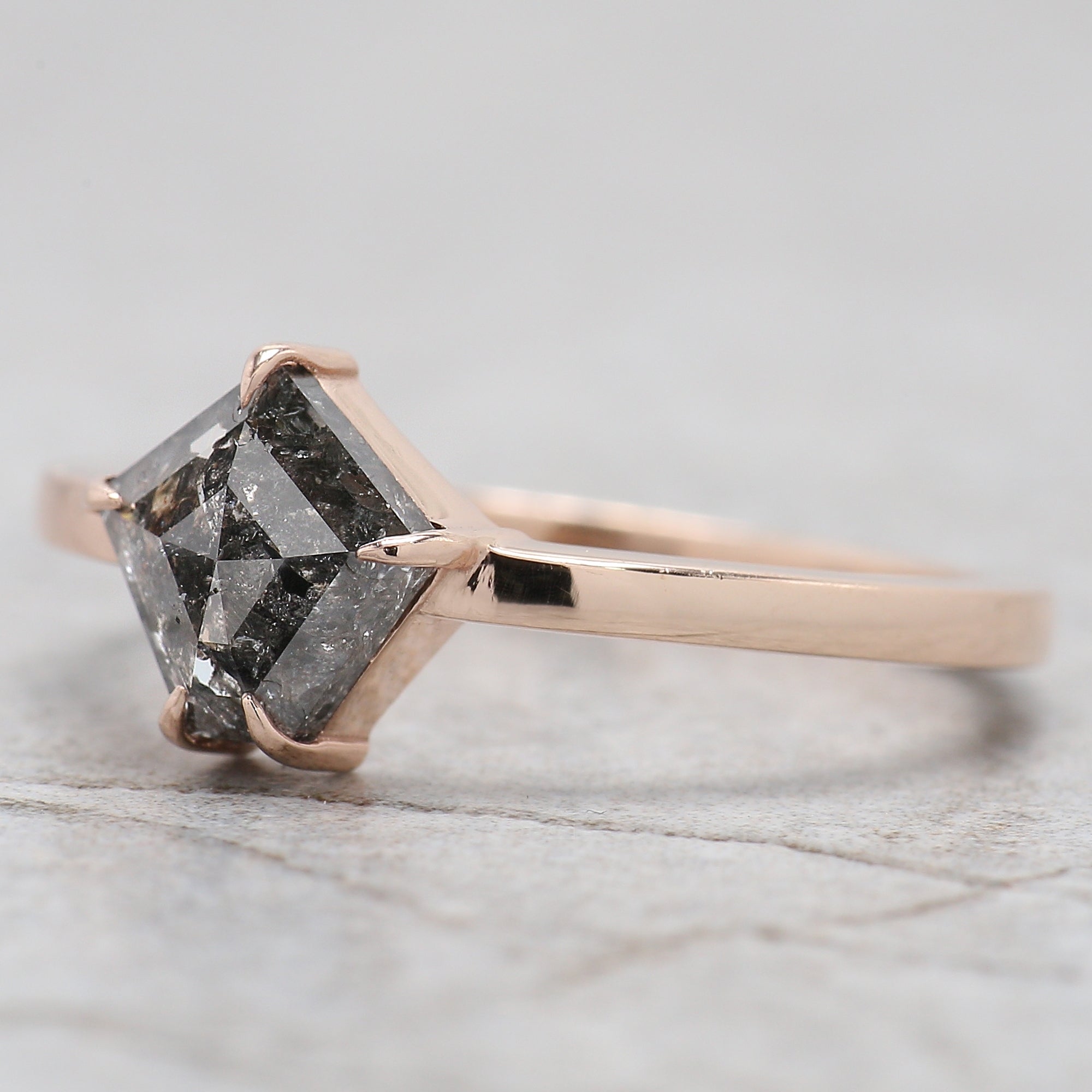 Pentagon Cut Salt And Pepper Diamond Ring 1.10 Ct 7.45 MM Pentagon Diamond Ring 14K Rose Gold Silver Engagement Ring Gift For Her QL601