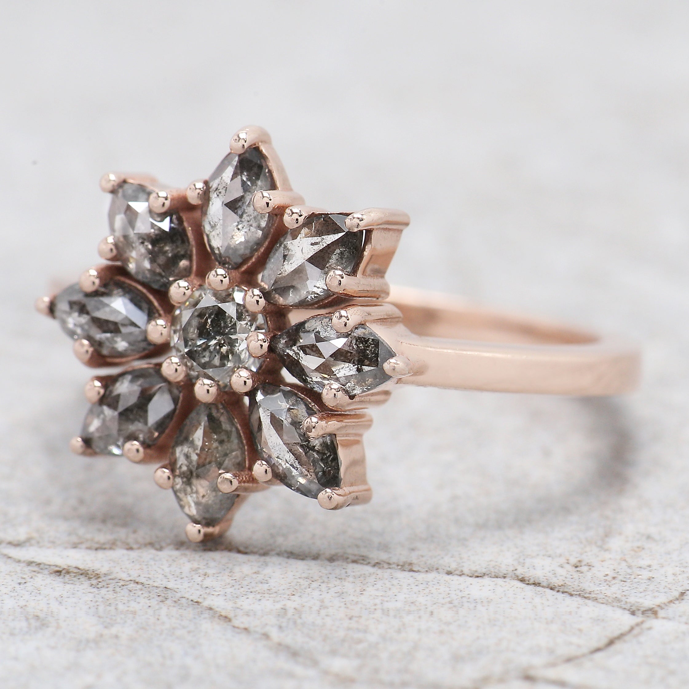 Marquise Cut Salt And Pepper Diamond Ring 0.93 Ct 4.65 MM Marquise Diamond Ring 14K Rose Gold Silver Engagement Ring Gift For Her QL1312