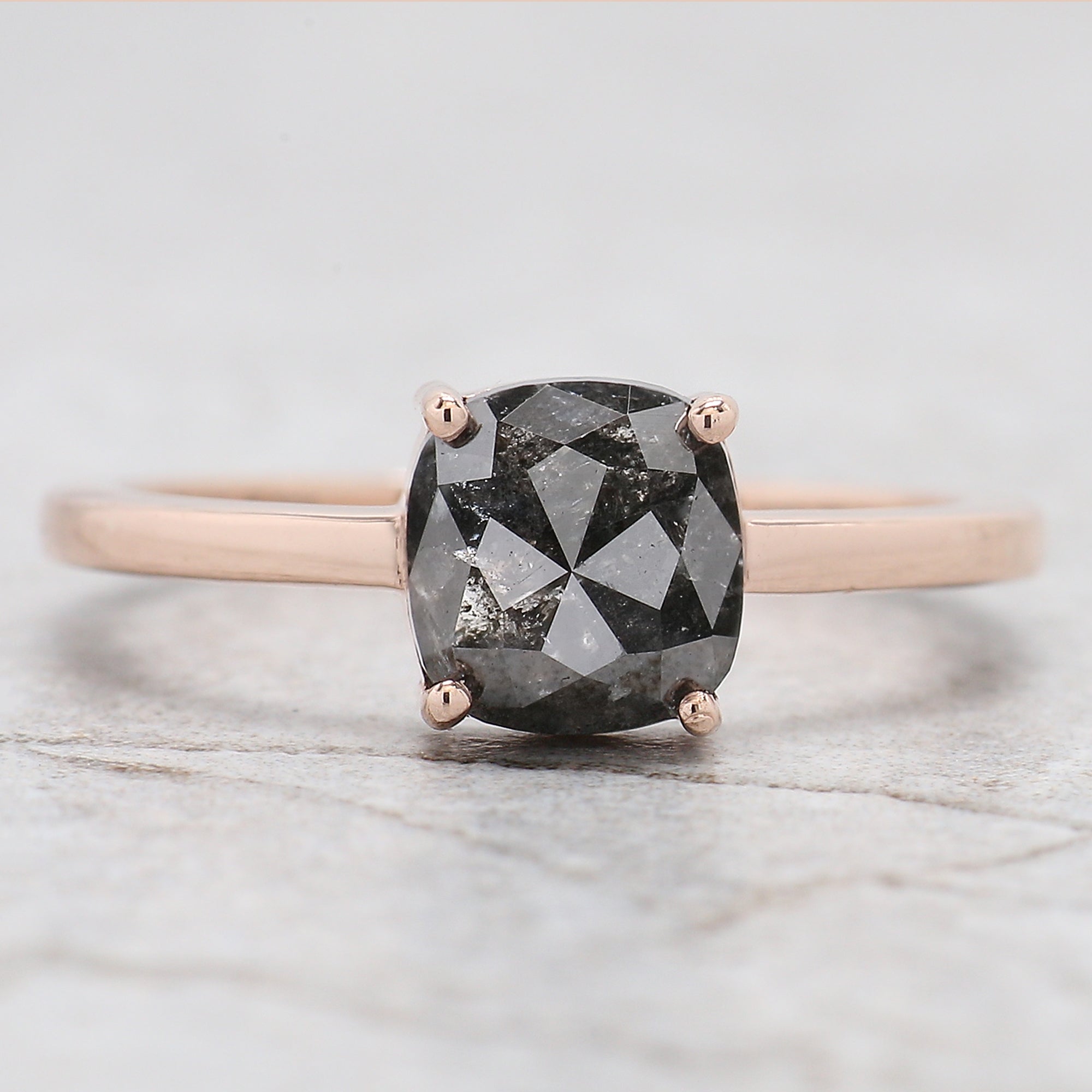 Cushion Cut Salt And Pepper Diamond Ring 1.74 Ct 6.95 MM Cushion Diamond Ring 14K Solid Rose Gold Silver Engagement Ring Gift For Her QL461