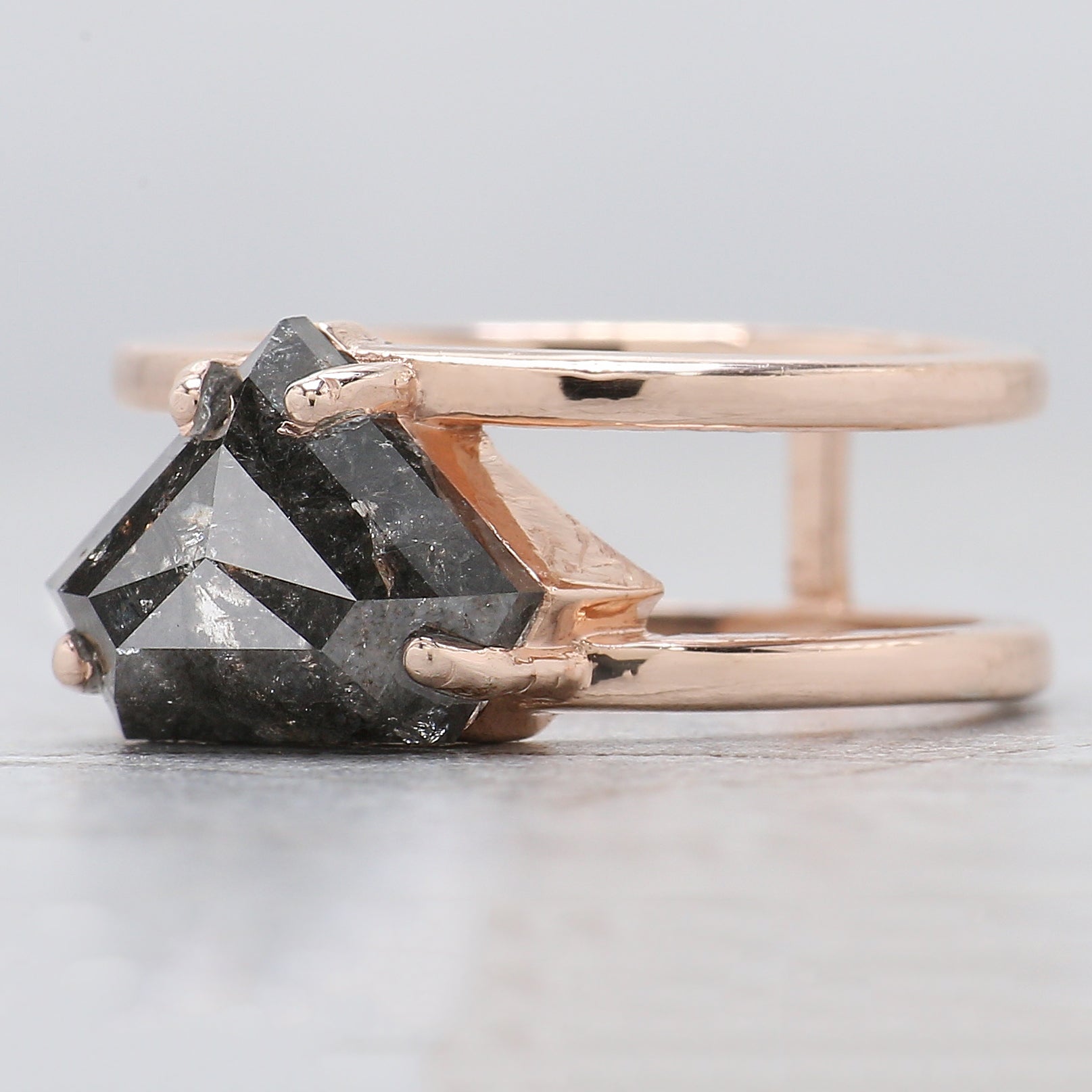 Shield Cut Salt And Pepper Diamond Ring 3.47 Ct 8.75 MM Shield Diamond Ring 14K Solid Rose Gold Silver Engagement Ring Gift For Her QL962