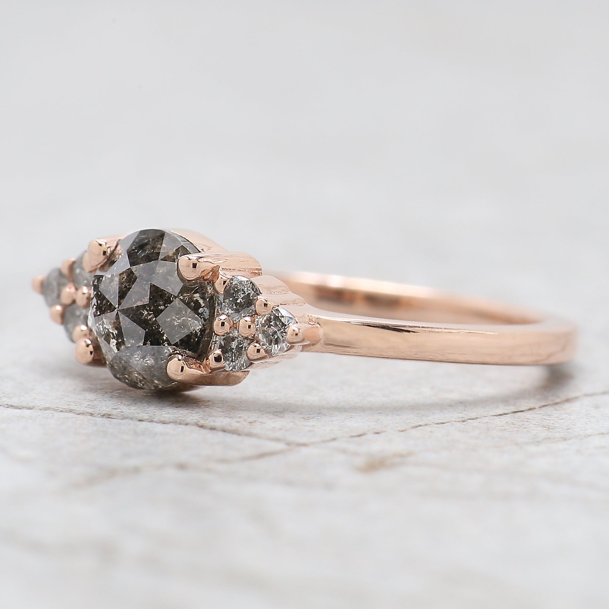 Round Rose Cut Salt And Pepper Diamond Ring 1.00 Ct 6.10 MM Round Shape Diamond Ring 14K Rose Gold Silver Engagement Ring Gift For Her QN2188