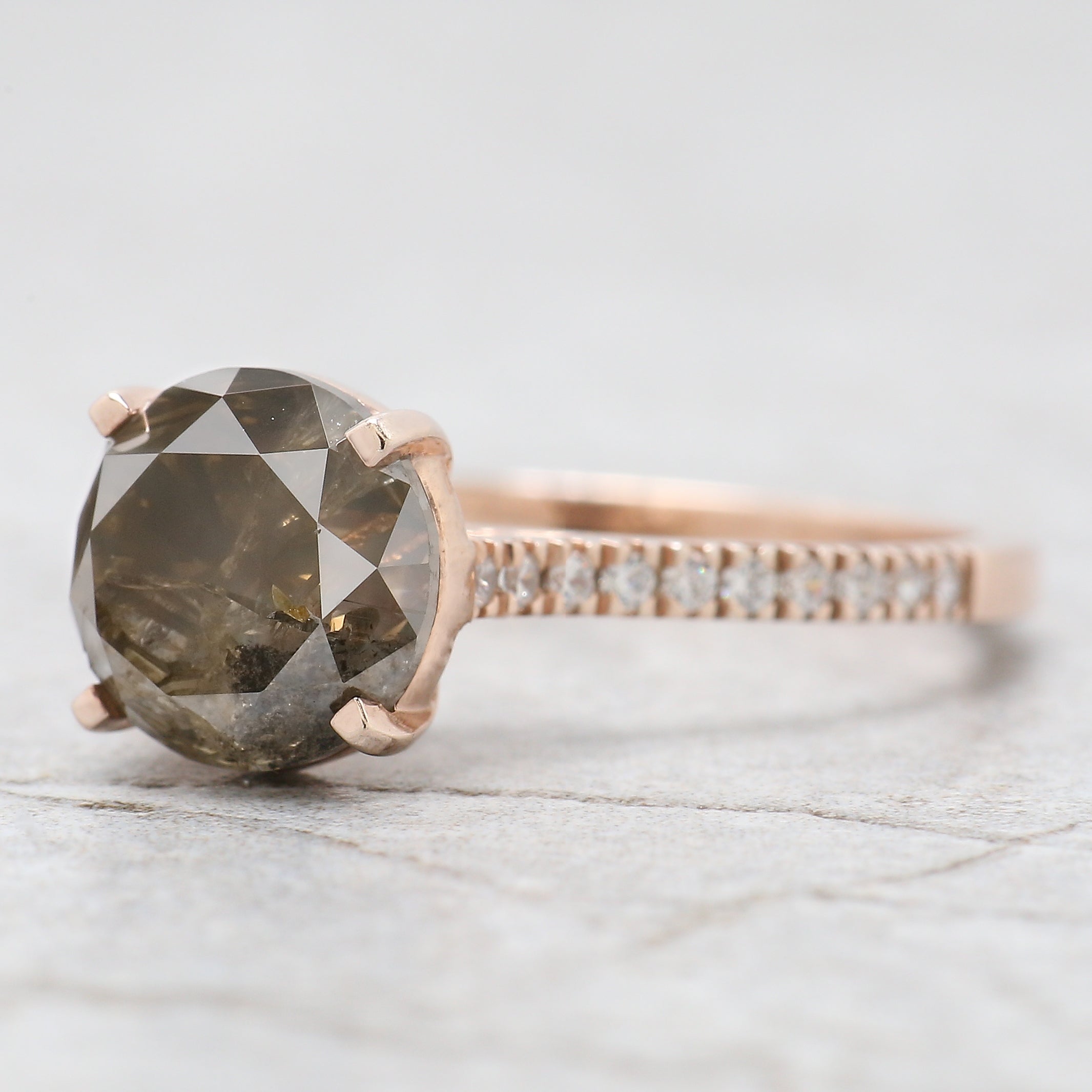 Round Cut Salt And Pepper Diamond Ring 2.84 Ct 8.15 MM Round Diamond Ring 14K Solid Rose Gold Silver Engagement Ring Gift For Her QL8876