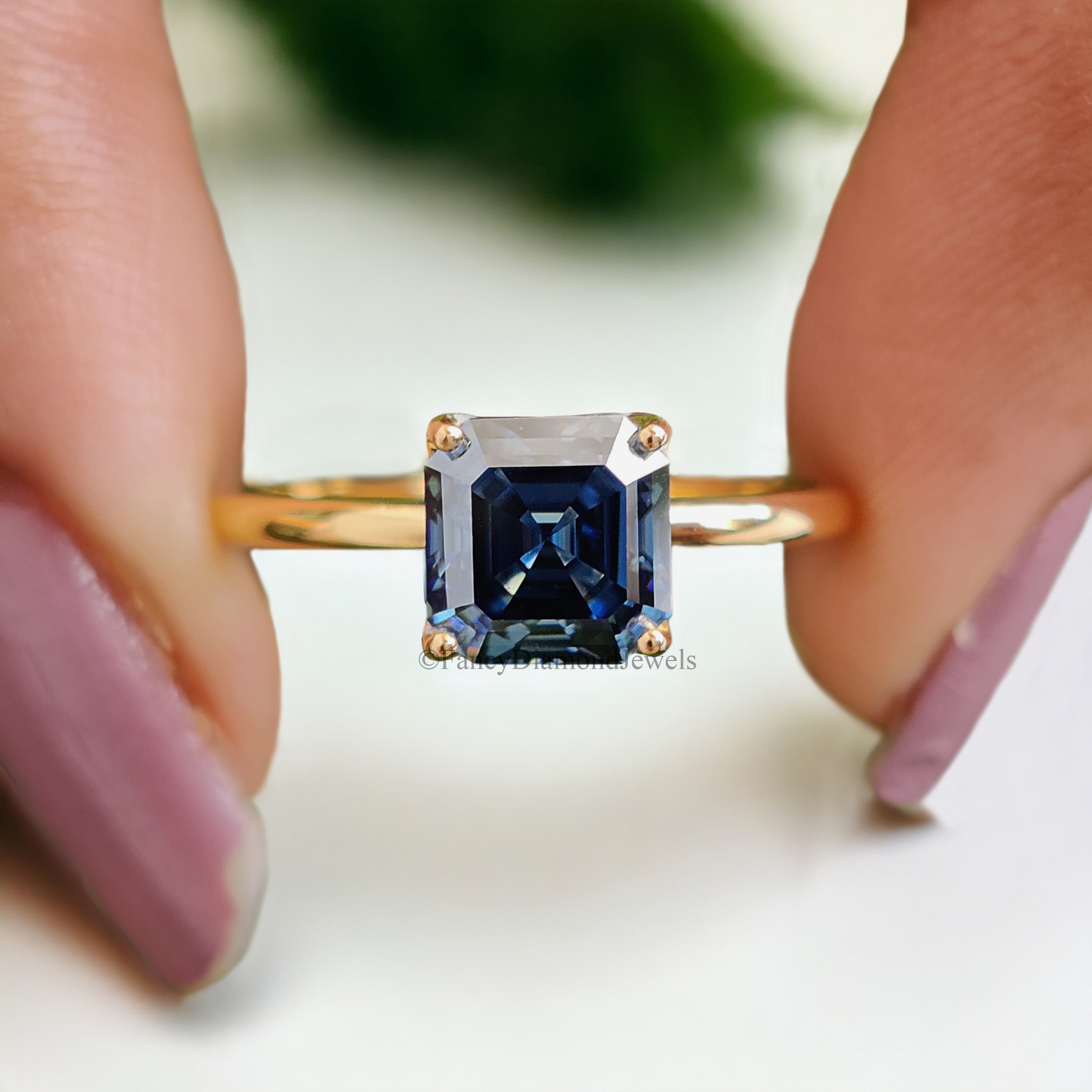 Amazing 1.20 CT Royal Blue Asscher Moissanite Solitaire Engagement Ring Dainty Solid Yellow Gold Wedding Ring Anniversary Gift for Her FD167
